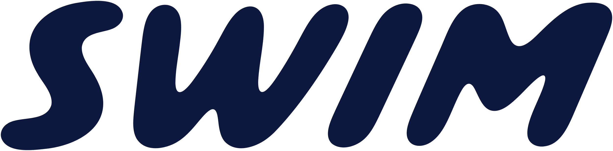 The word 'SWIM' written in large, bold, italic navy blue letters with white outlines.