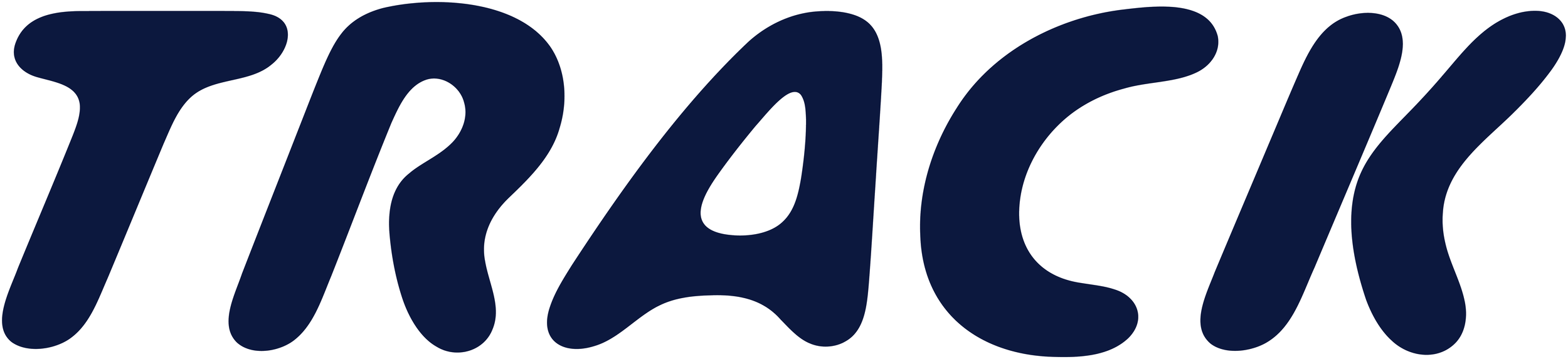 The word "TRACK" written in large, bold, italic, navy blue font with thin white outline.