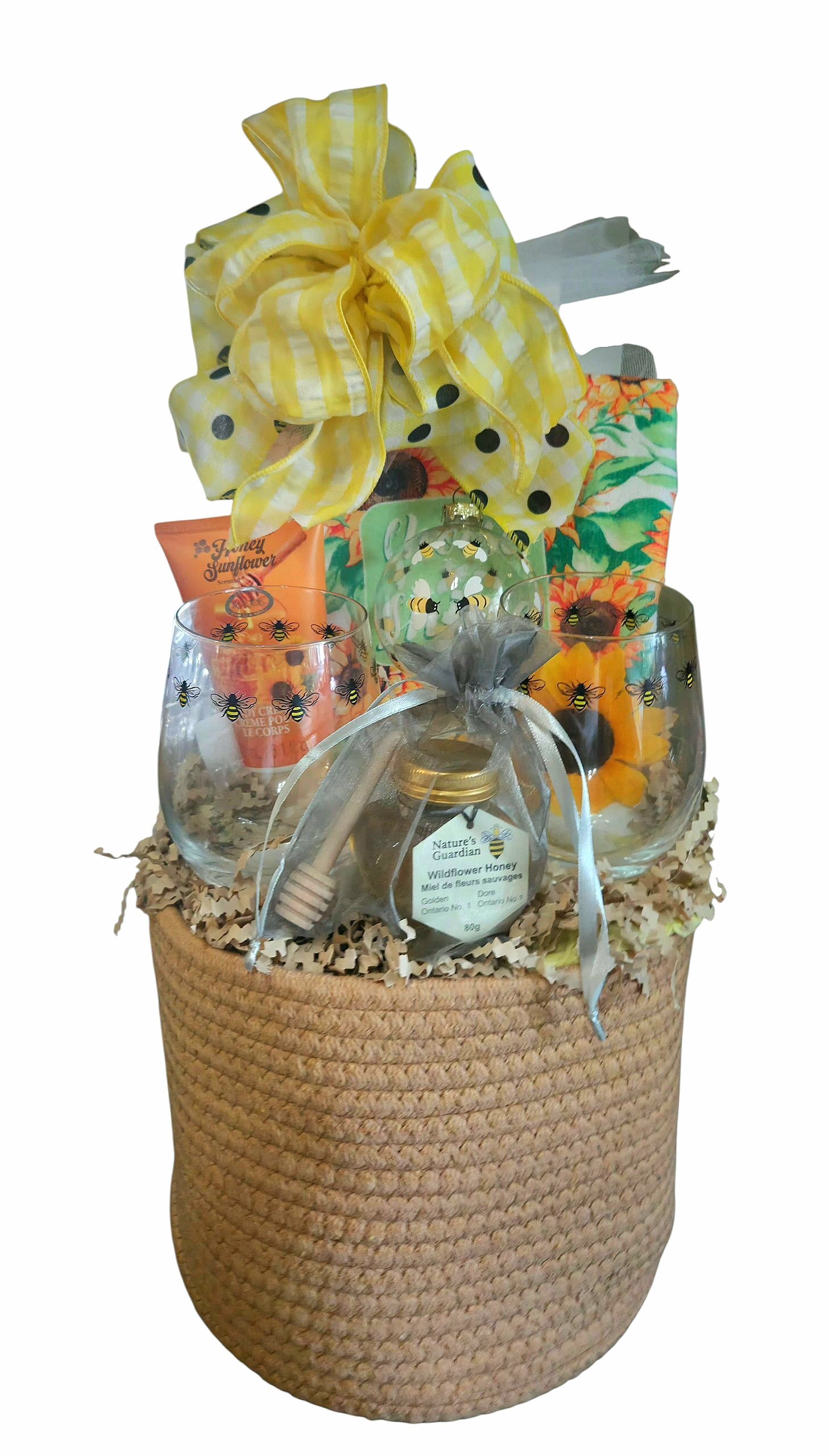 Bee-Themed Gift Basket with Wine Glasses and Honey