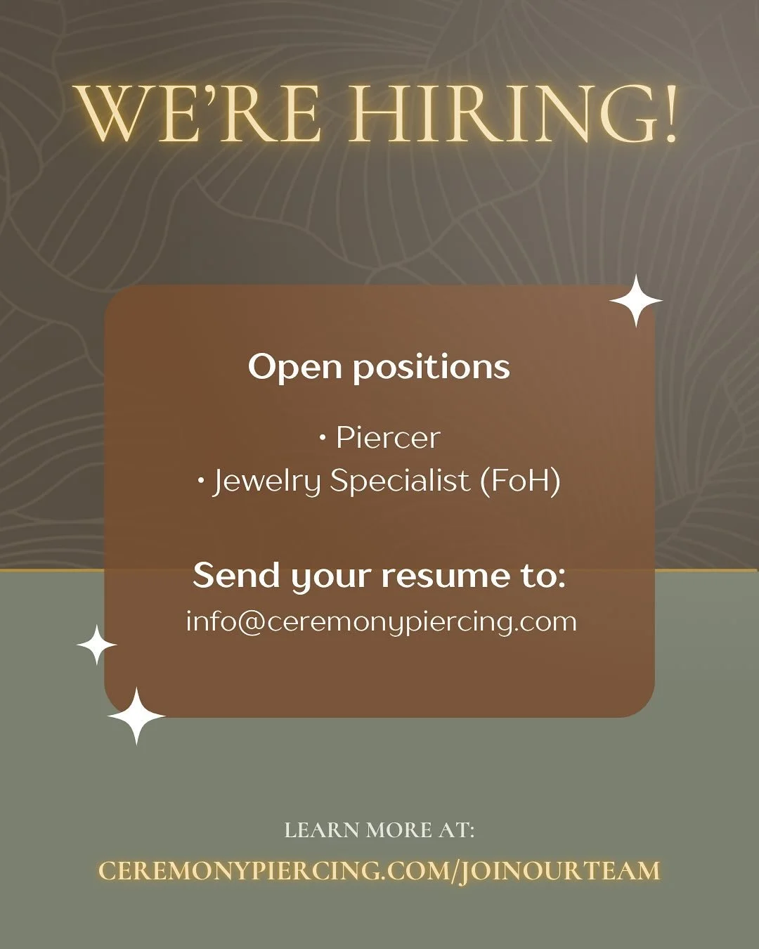 We just celebrated our 1st anniversary, it&rsquo;s our 100th post &amp; we&rsquo;re hiring! 🎉

We&rsquo;re a small team with a small space, so please forward all resumes and any questions to info@ceremonypiercing.com!
