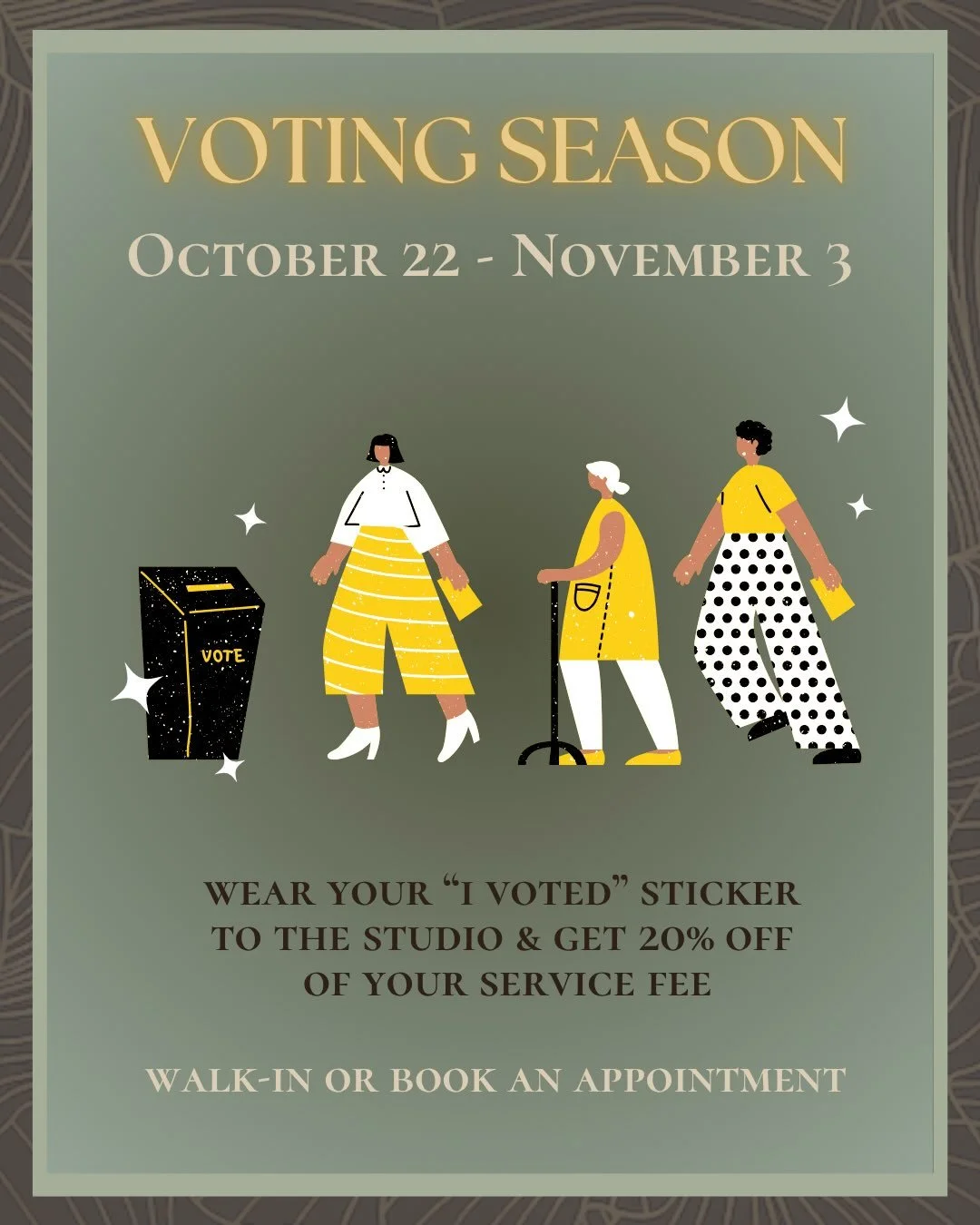 Baltimore! We want you to vote so badly that we&rsquo;re discounting our service fees for encouragement &amp; reward. 🗳️✨

Research our candidates, place your vote, get a cute sticker &amp; and get a cute new piercing! 💎✨