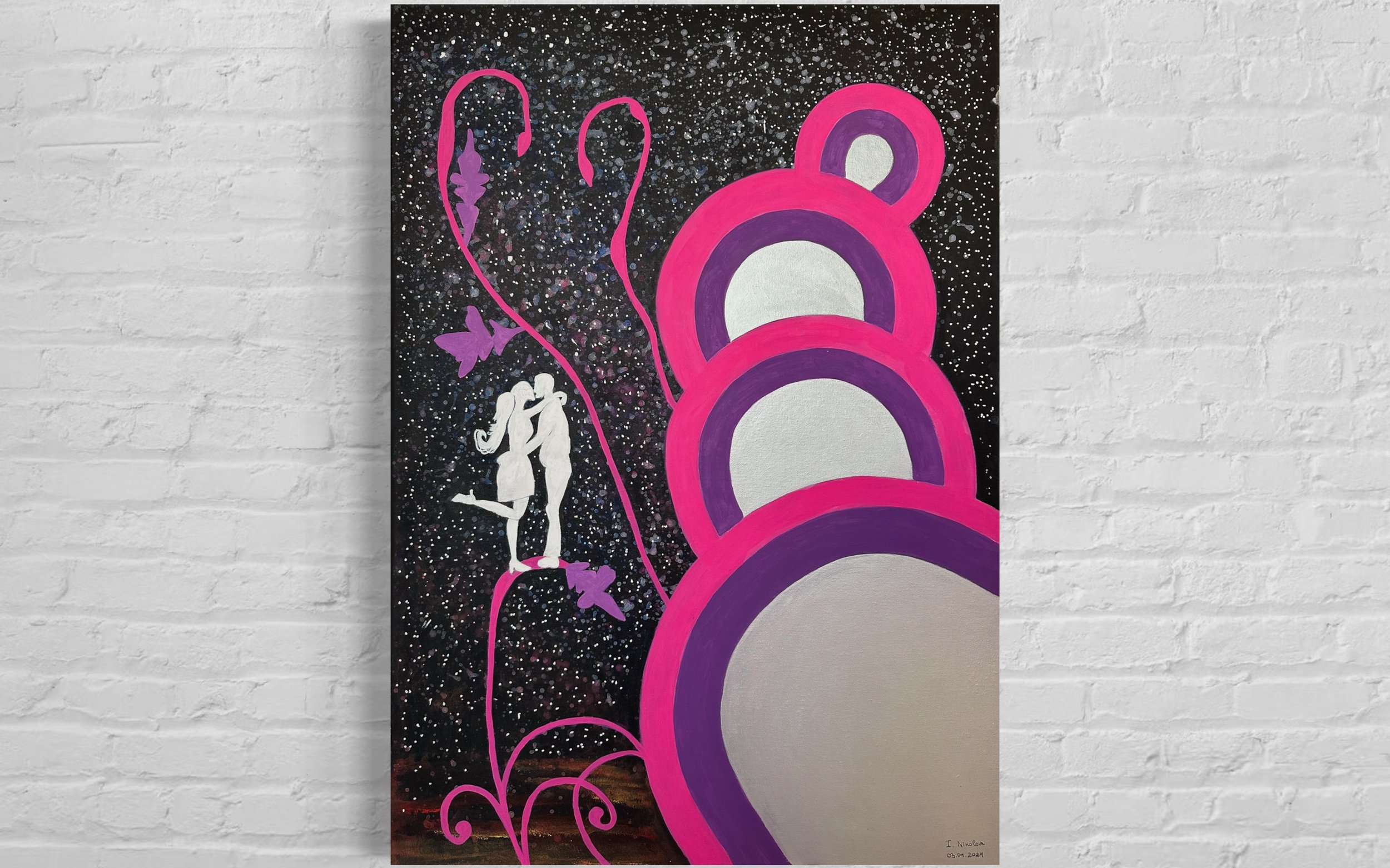 A colorful painting featuring silhouettes of a woman and a child holding hands, standing on a pink line with floral designs. The background is a starry, galaxy-like scene with splattered white dots and dark colors. To the right, there are large, rounded shapes in pink, purple, and white creating a stylized, abstract design.