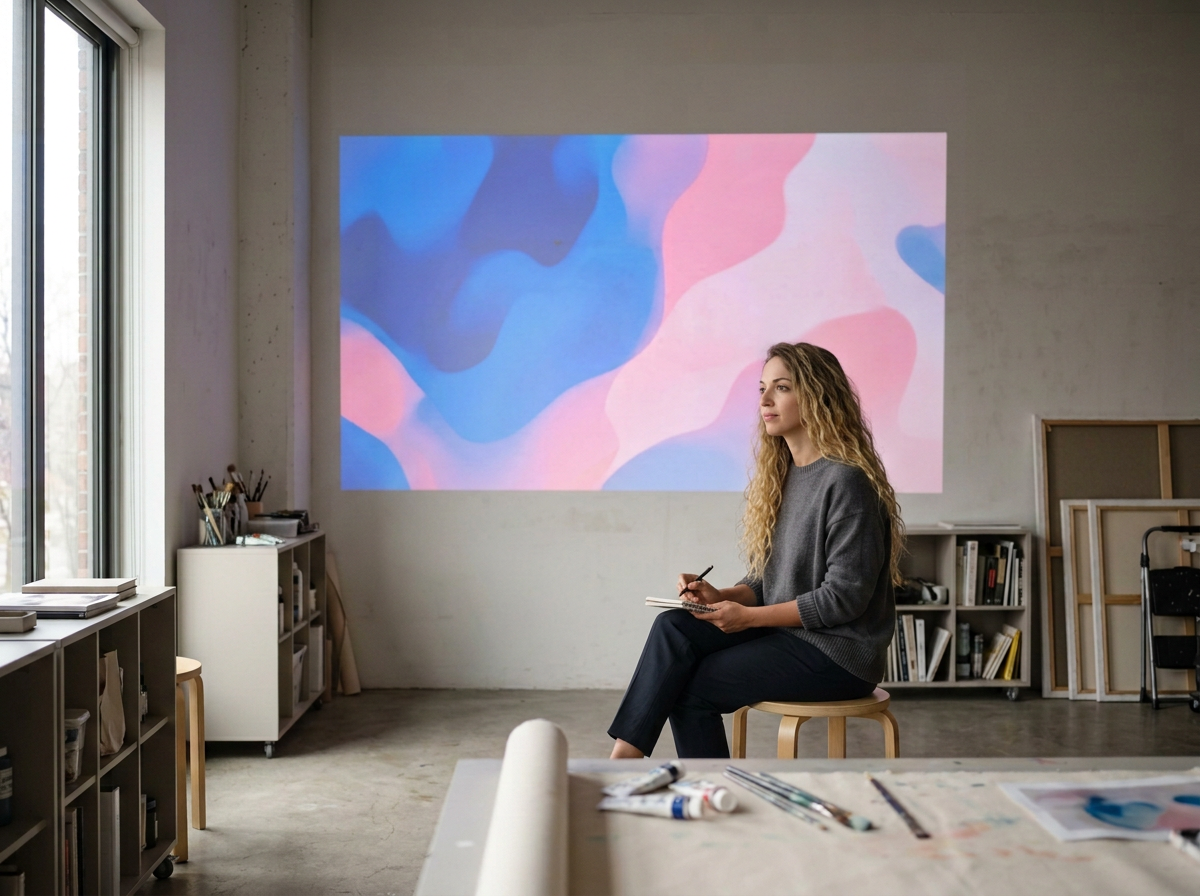 A woman with long curly hair sitting on a stool in an art studio, holding a notebook and pen, looking towards a brightly colored abstract artwork projected on the wall.