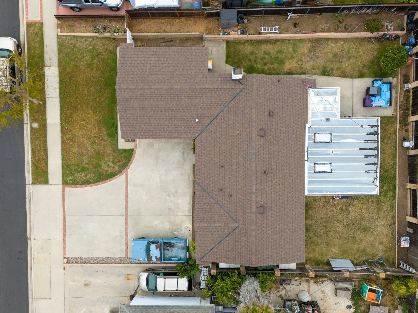 Overhead drone roof inspection photo of shingle roof in Camarillo, Ventura County