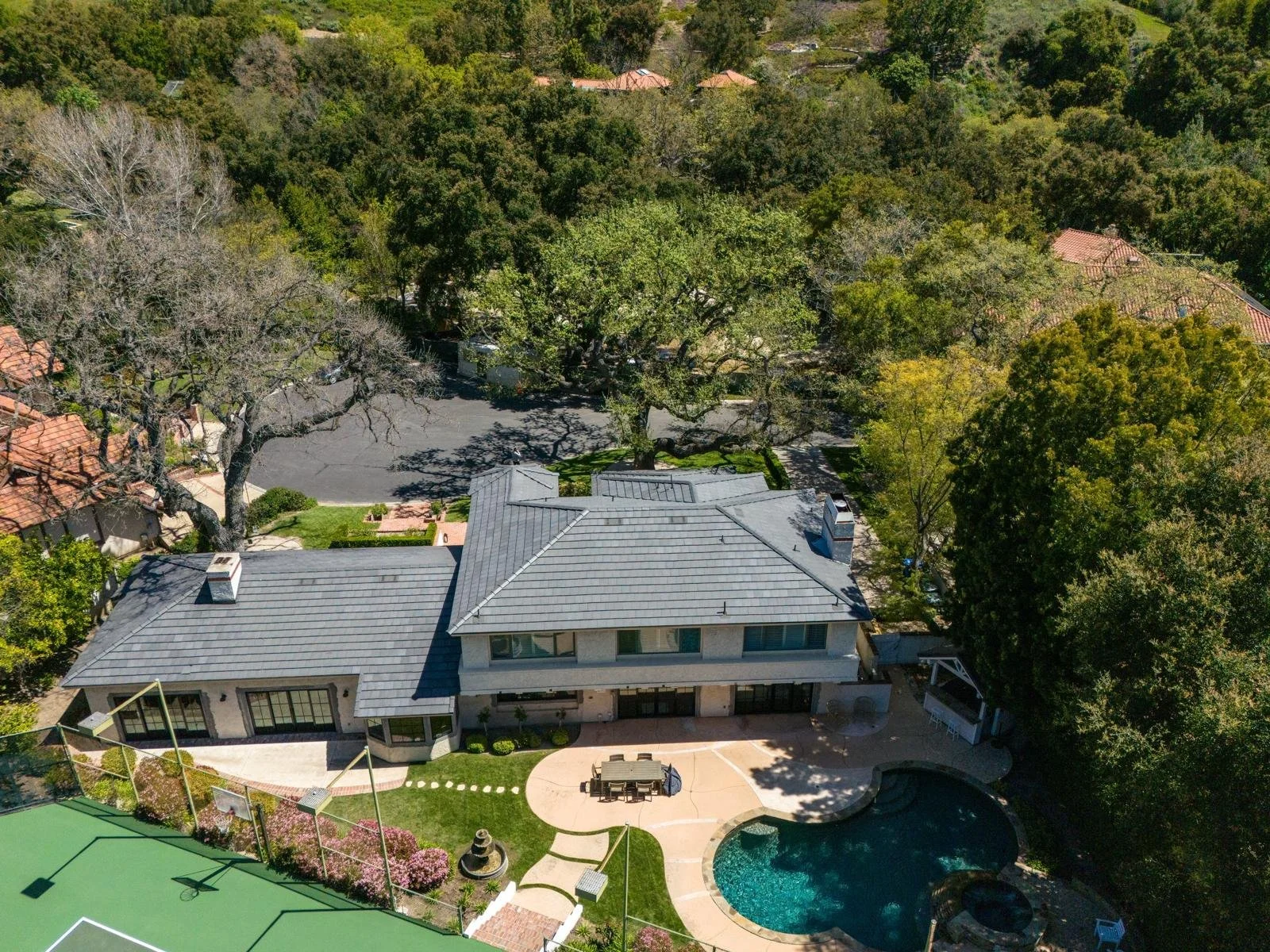 Aerial drone roof inspection of a Westlake Village home