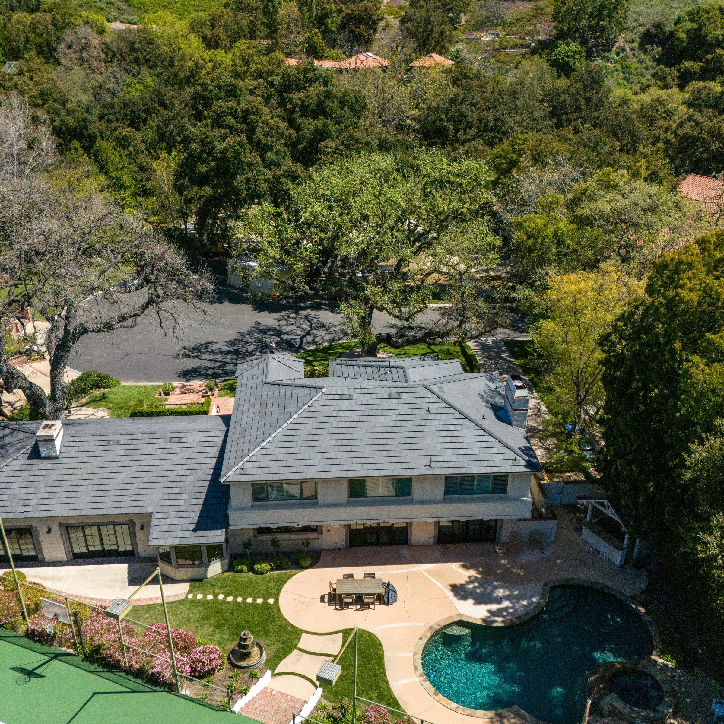 Westlake Village luxury estate aerial with pool and grounds