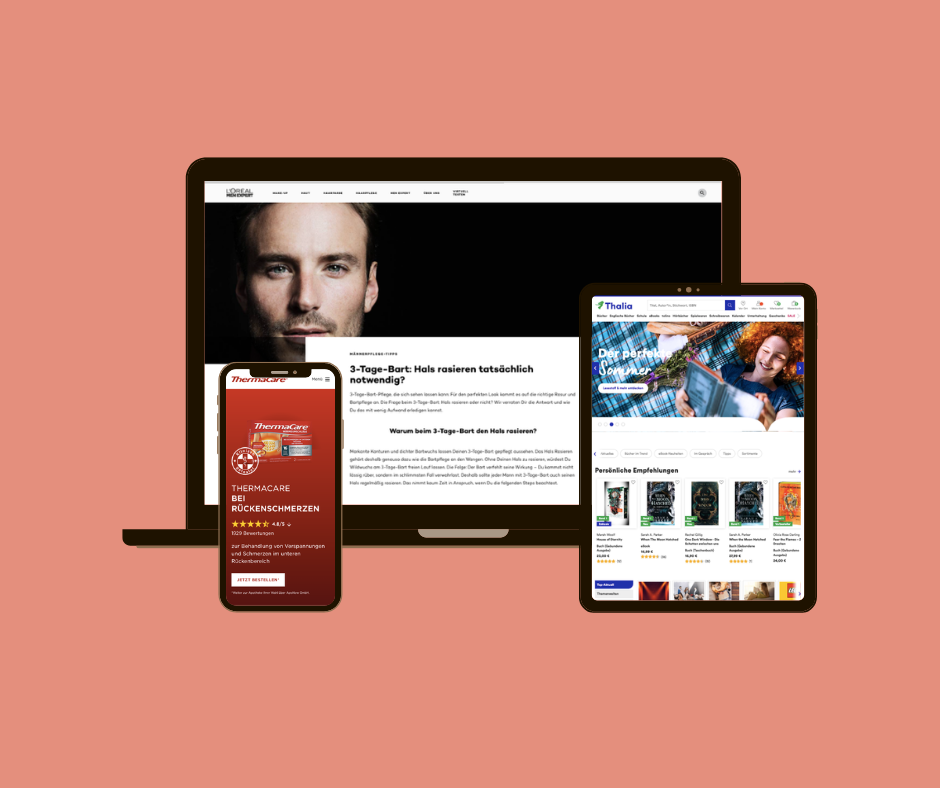 Abbildung von 3 Endgeräten (Laptop, Smartphone und Tablet) mit jeweils einem Screenshot von einer Website
