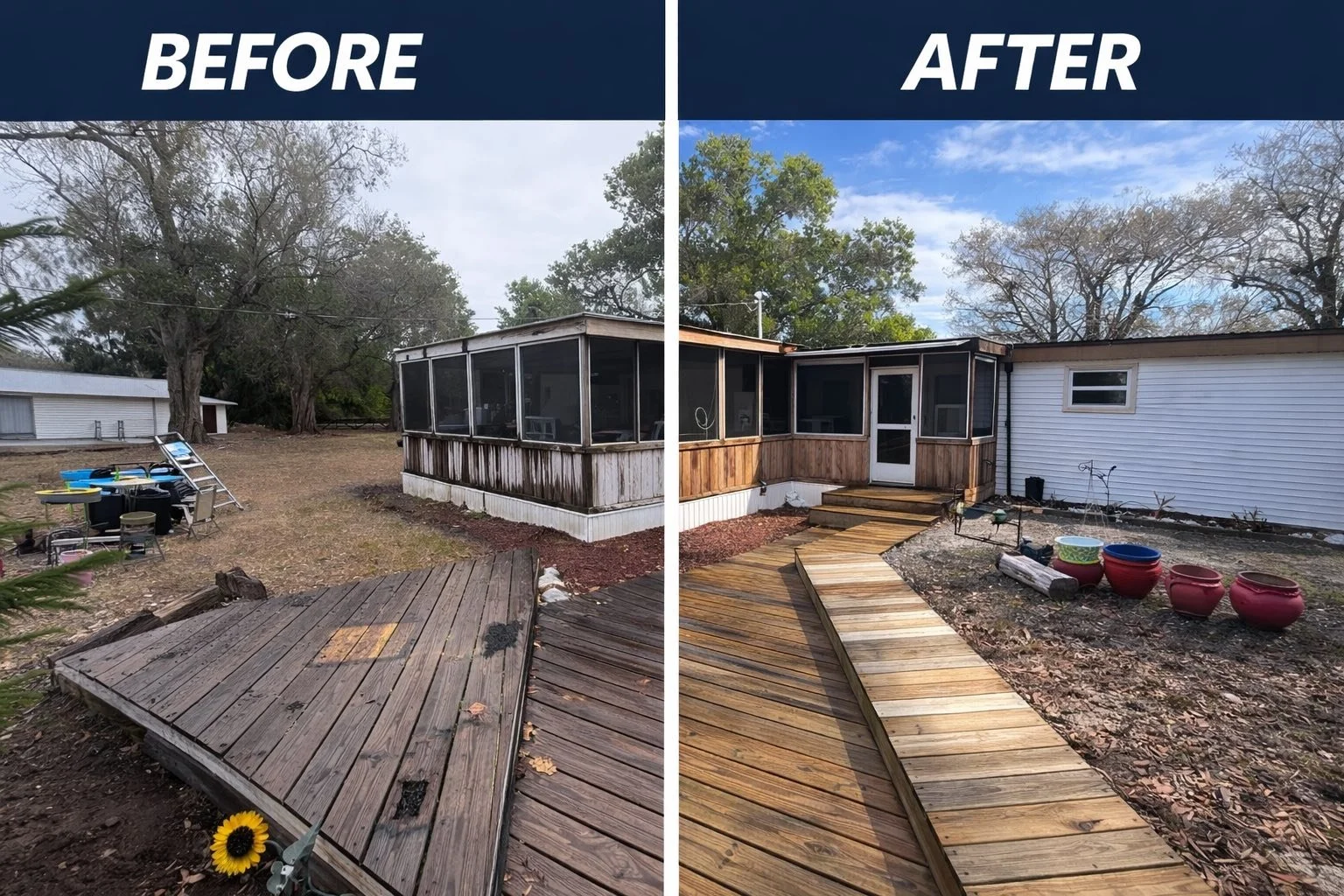 Comparison of backyard before and after renovation: left side shows old, damaged wooden deck and weathered siding, right side shows new wooden walkway and fresh siding with potted plants, under a partly cloudy sky.