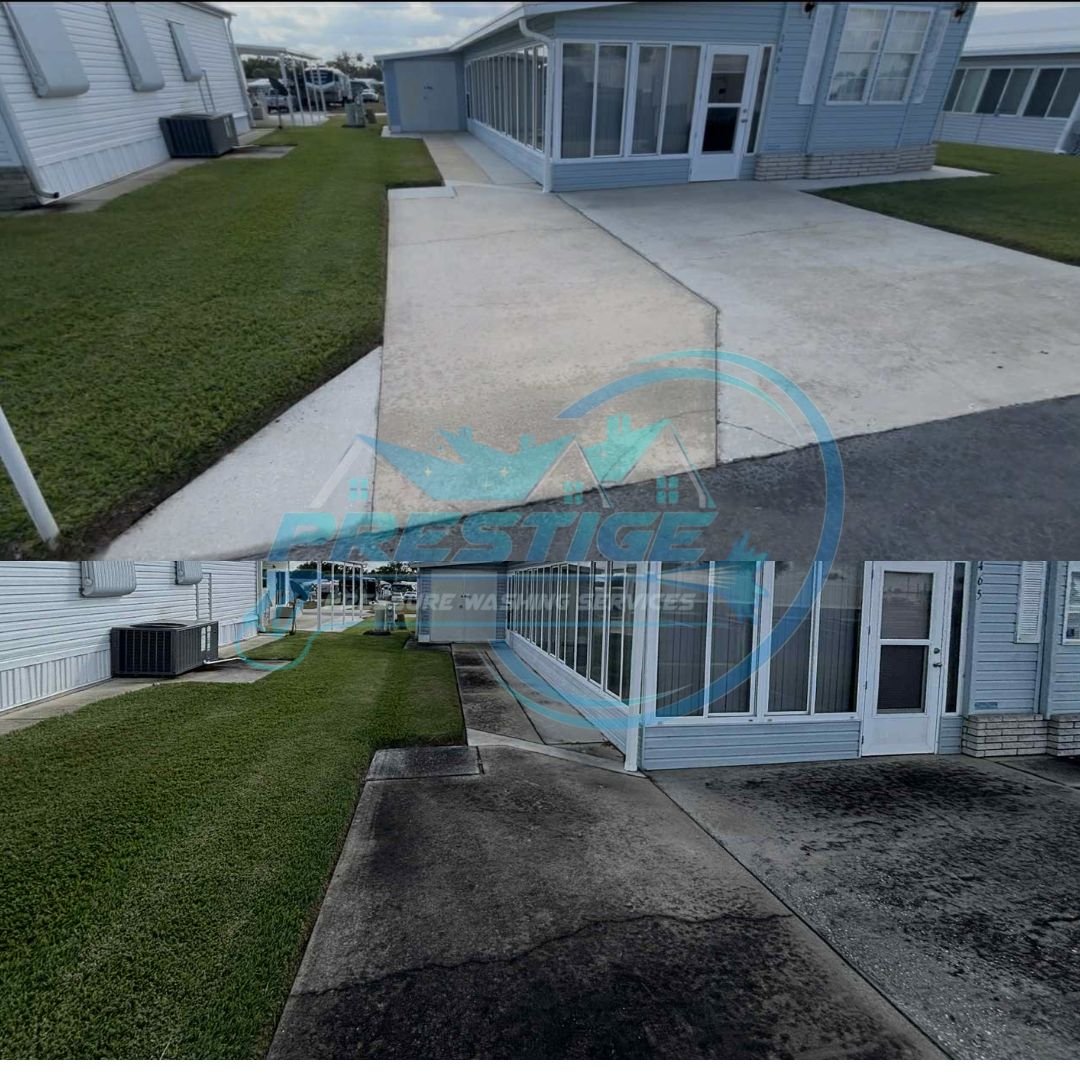 Two side-by-side images showing a cleaned concrete driveway and sidewalk on the top, and the same area before cleaning with visible dark stains and grime on the bottom.