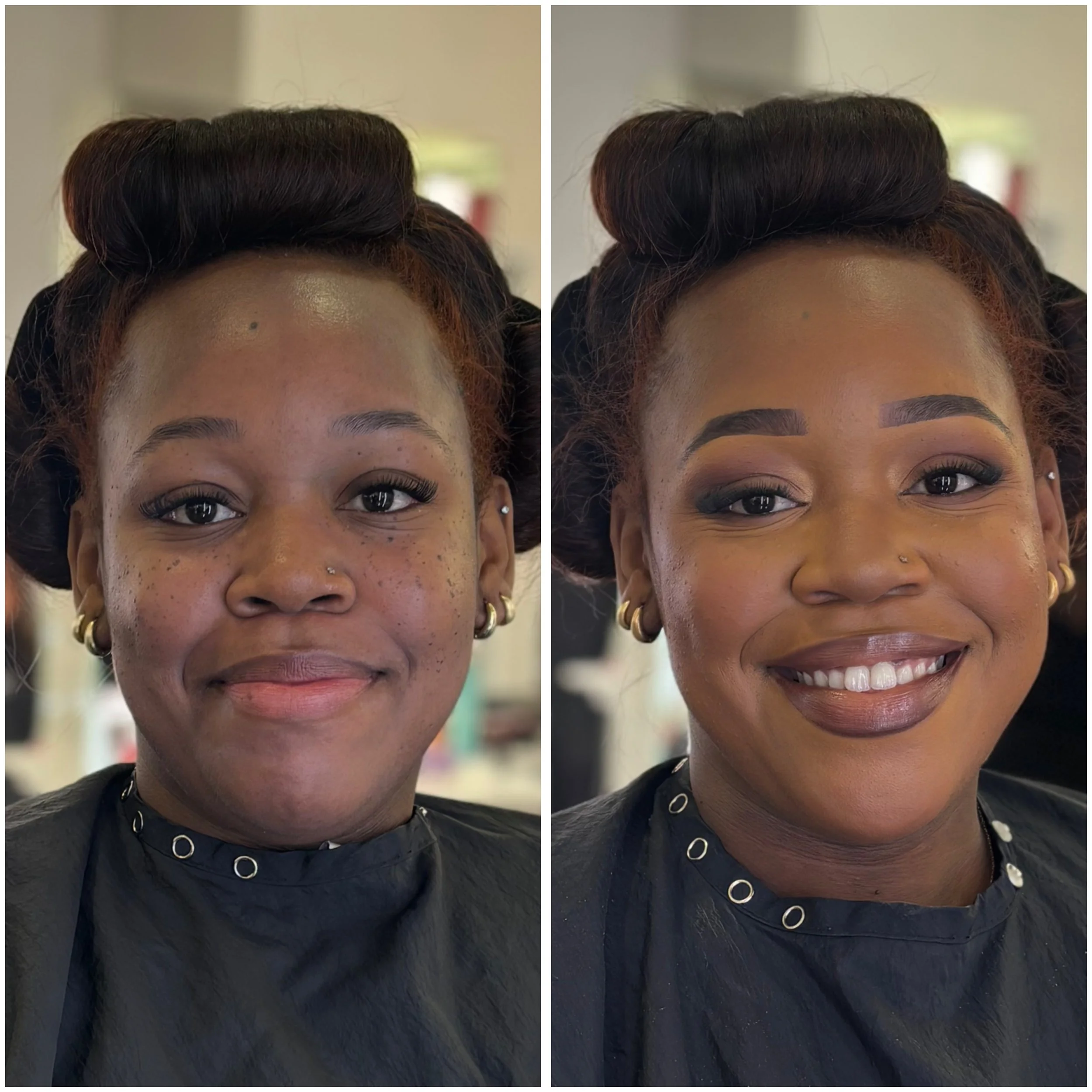 Close-up of a woman's face with makeup, wearing earrings and a textured black top, with hair styled in a vintage updo.