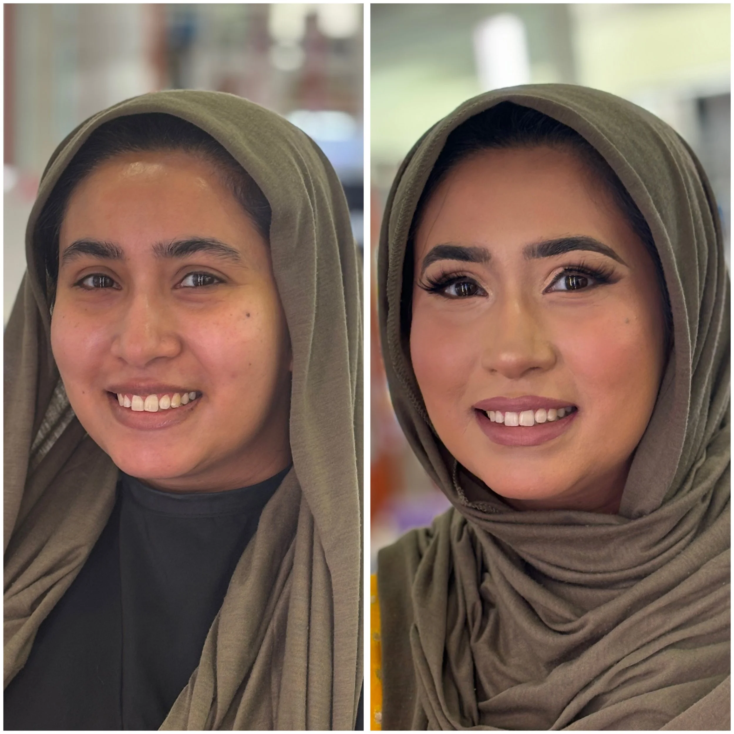 Side-by-side comparison of a woman before and after eyelash extension treatment. The left image shows her natural eyelashes, and the right image shows her with voluminous, extended eyelashes.