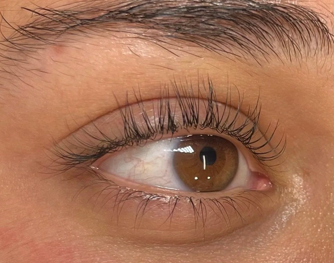 Close-up of a person's brown eye with long eyelashes and well-groomed eyebrow.