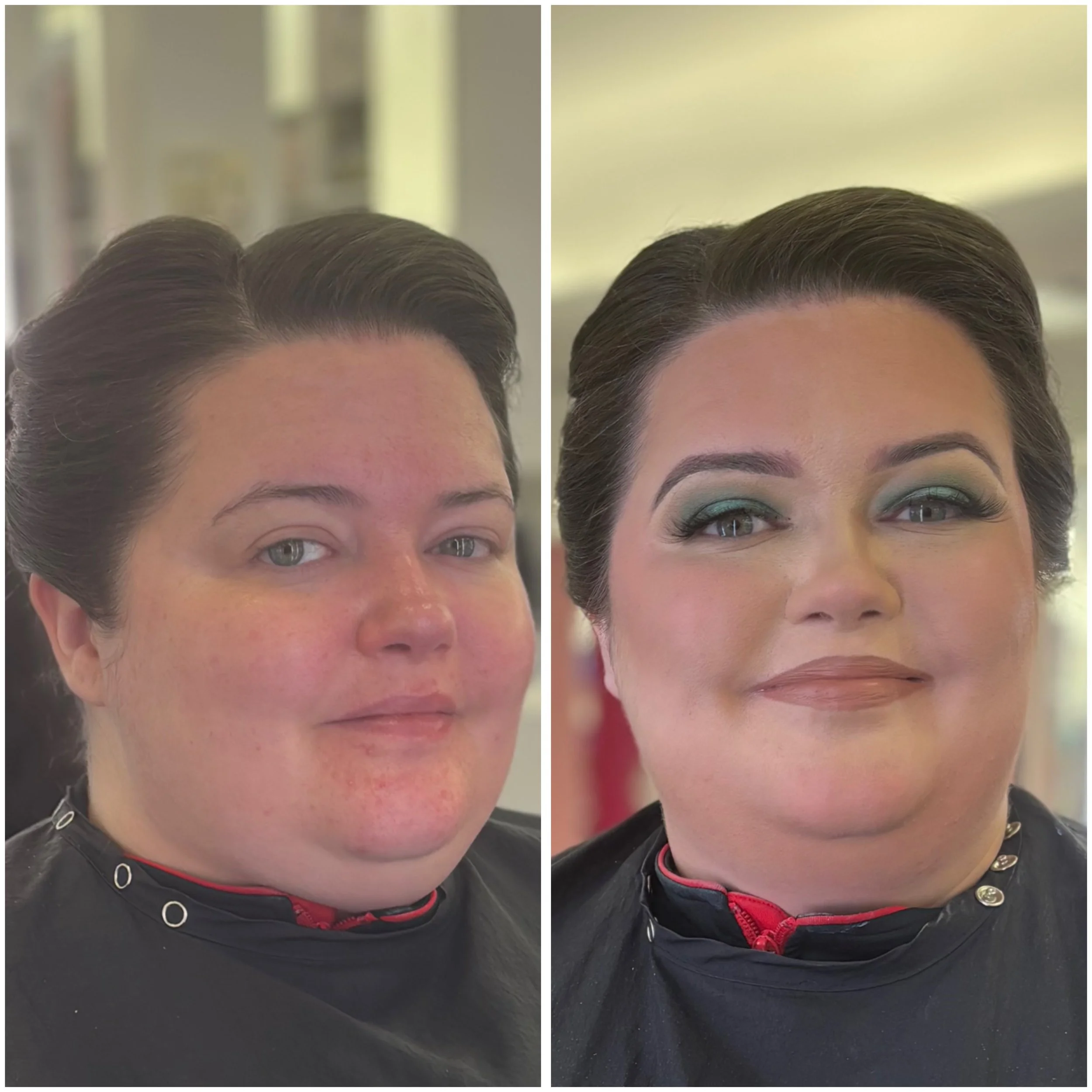 Side-by-side comparison of a woman before and after a hair transformation. The left shows her with thinner, less styled hair, and the right with fuller, styled hair and makeup.