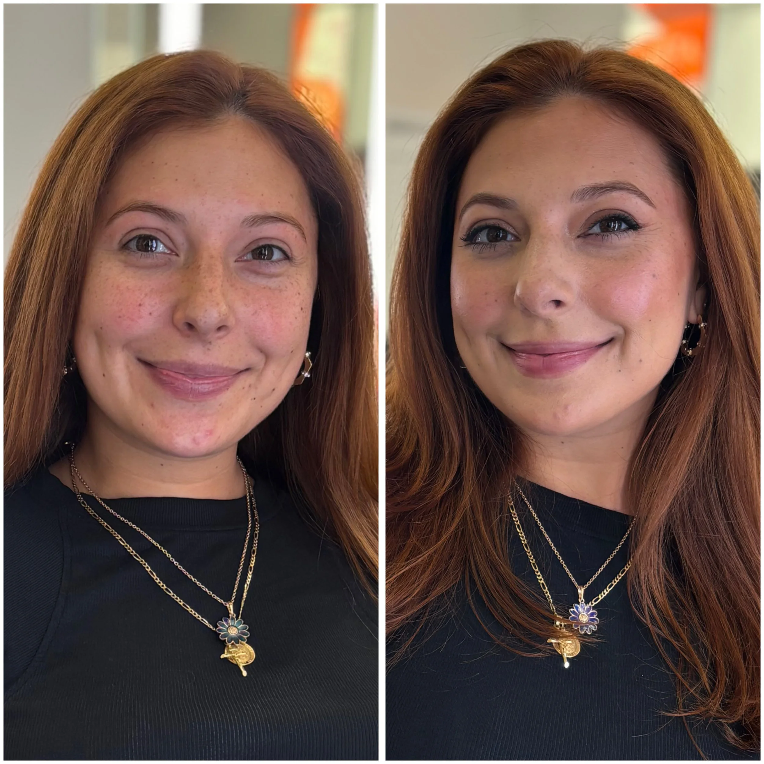 Side-by-side comparison of a woman's face before and after makeup and skincare, with jewelry including layered gold necklaces and floral pendants.