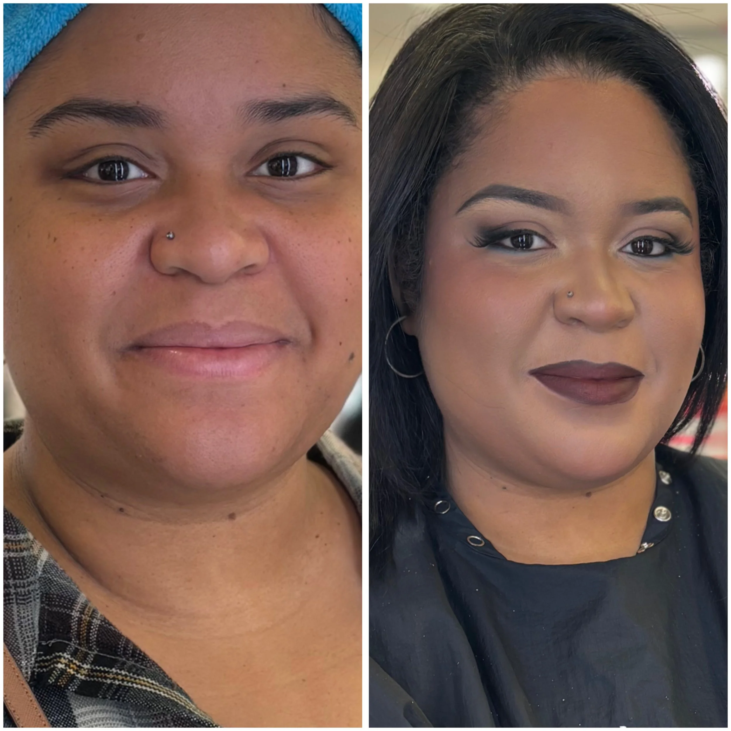 Comparison of a woman before and after a hairstyle change. The left side shows her with natural hair, and the right side shows her with styled, straightened hair with makeup.
