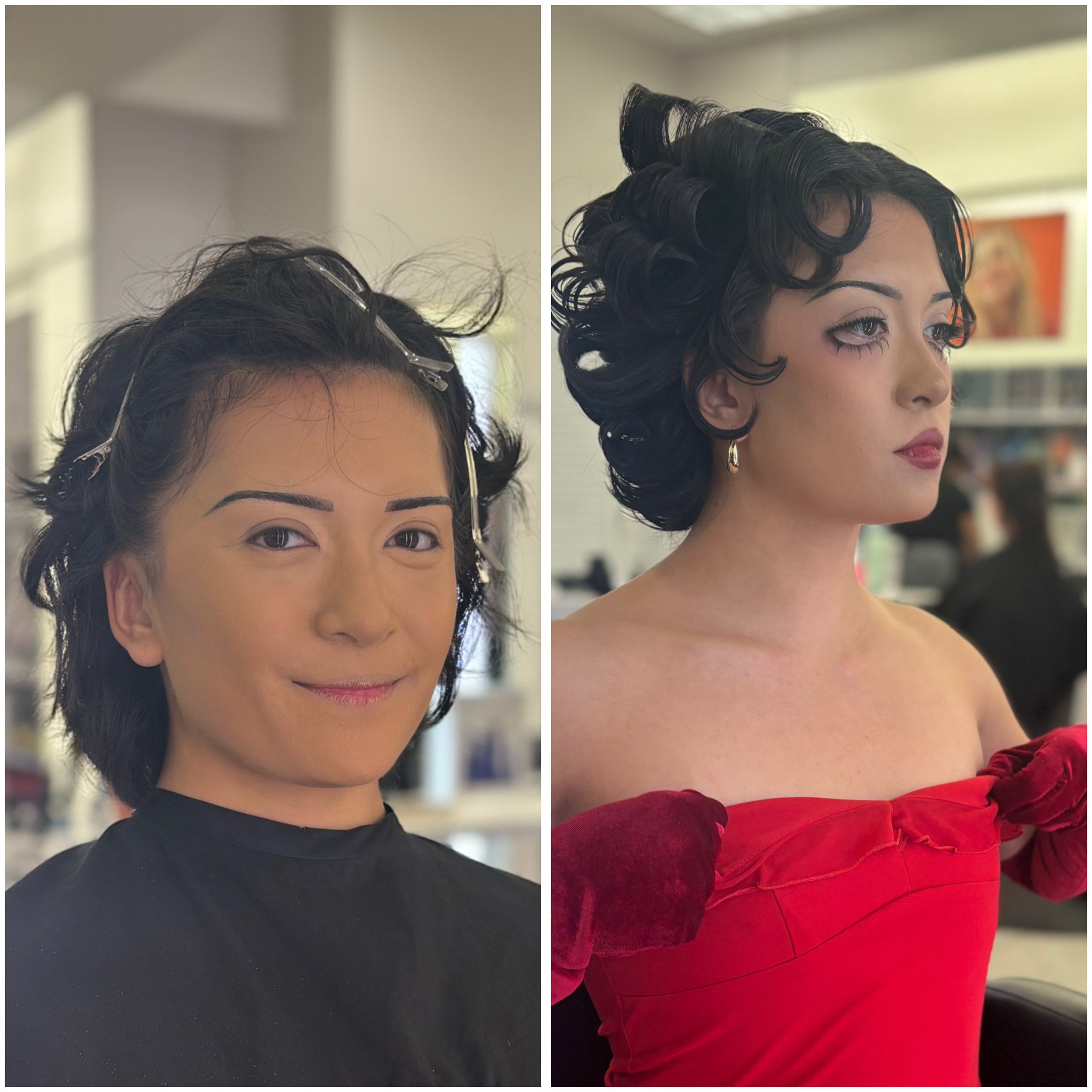 Side-by-side comparison of two women with styled hair; the woman on the left has a short, wavy hairstyle with hair pinned back, and the woman on the right has a vintage-inspired, curled hairstyle, wearing earrings and a red off-shoulder top.