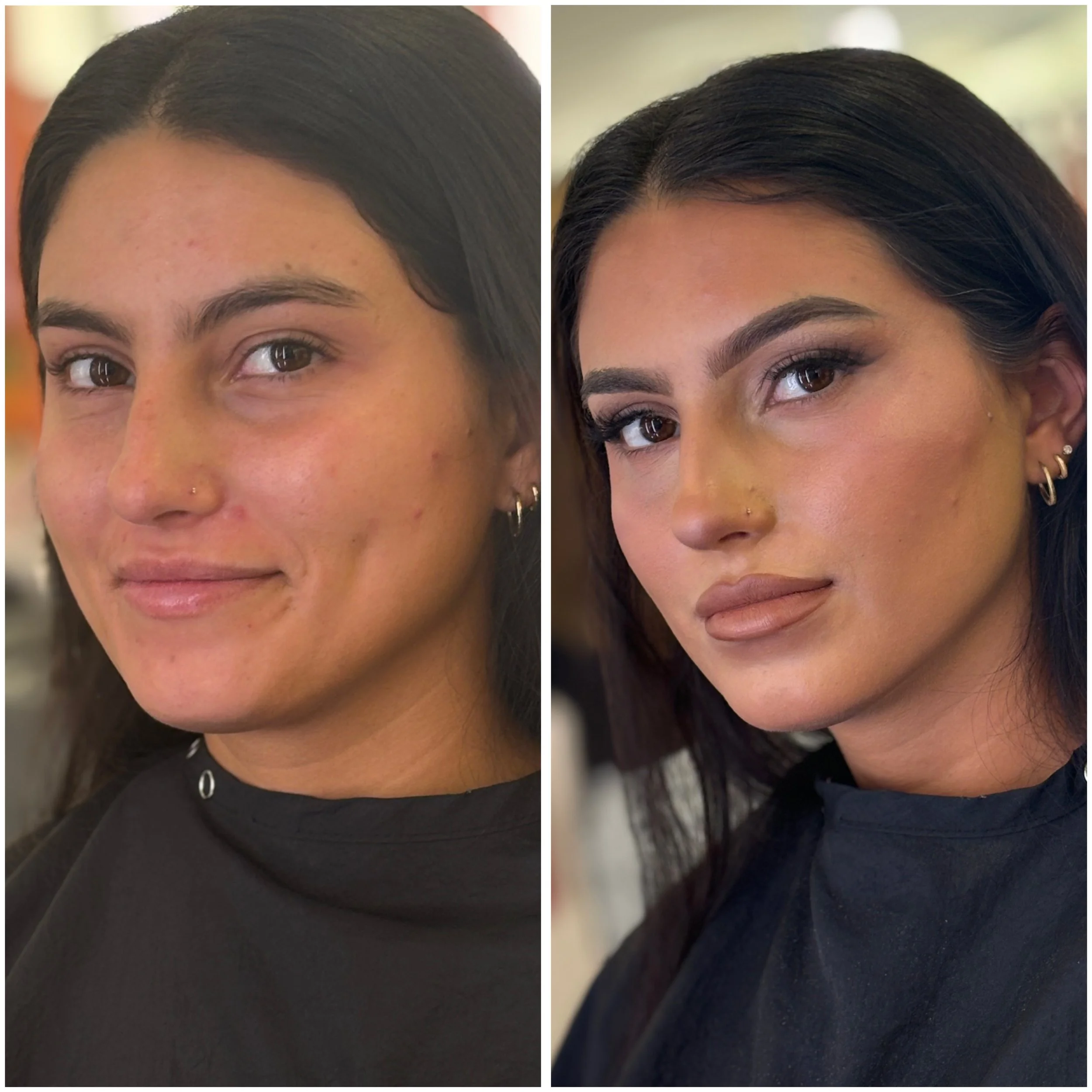 Side-by-side comparison of two women's hairstyles, showcasing before and after hair treatments or styling. The women have dark, straight hair, with one wearing a black top and the other appearing in a more natural setting.