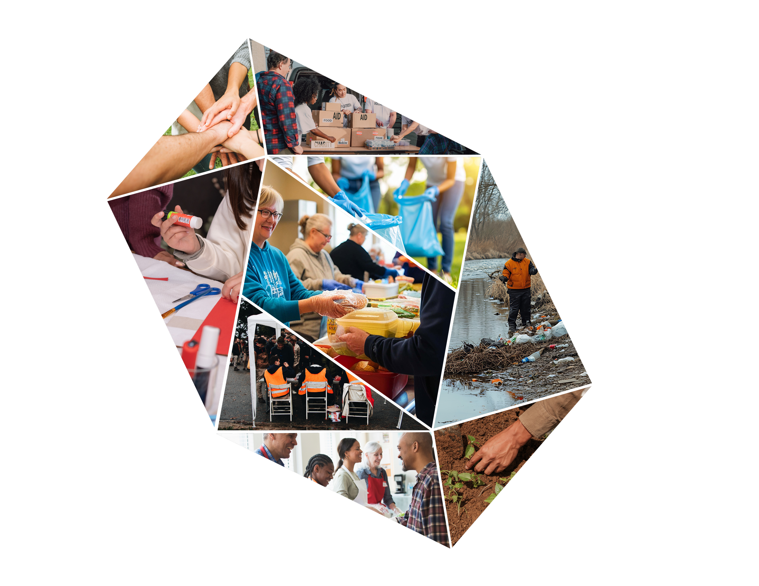 Collage of photos showing community service scenes including disaster cleanup, food distribution, trash cleanup, volunteer teamwork, and people helping others.