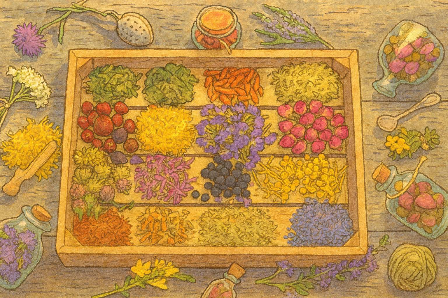 A watercolor illustration of a wooden box filled with various colorful dried flowers and herbs, surrounded by jars, bottles, and sprigs of flowers on a wooden surface.