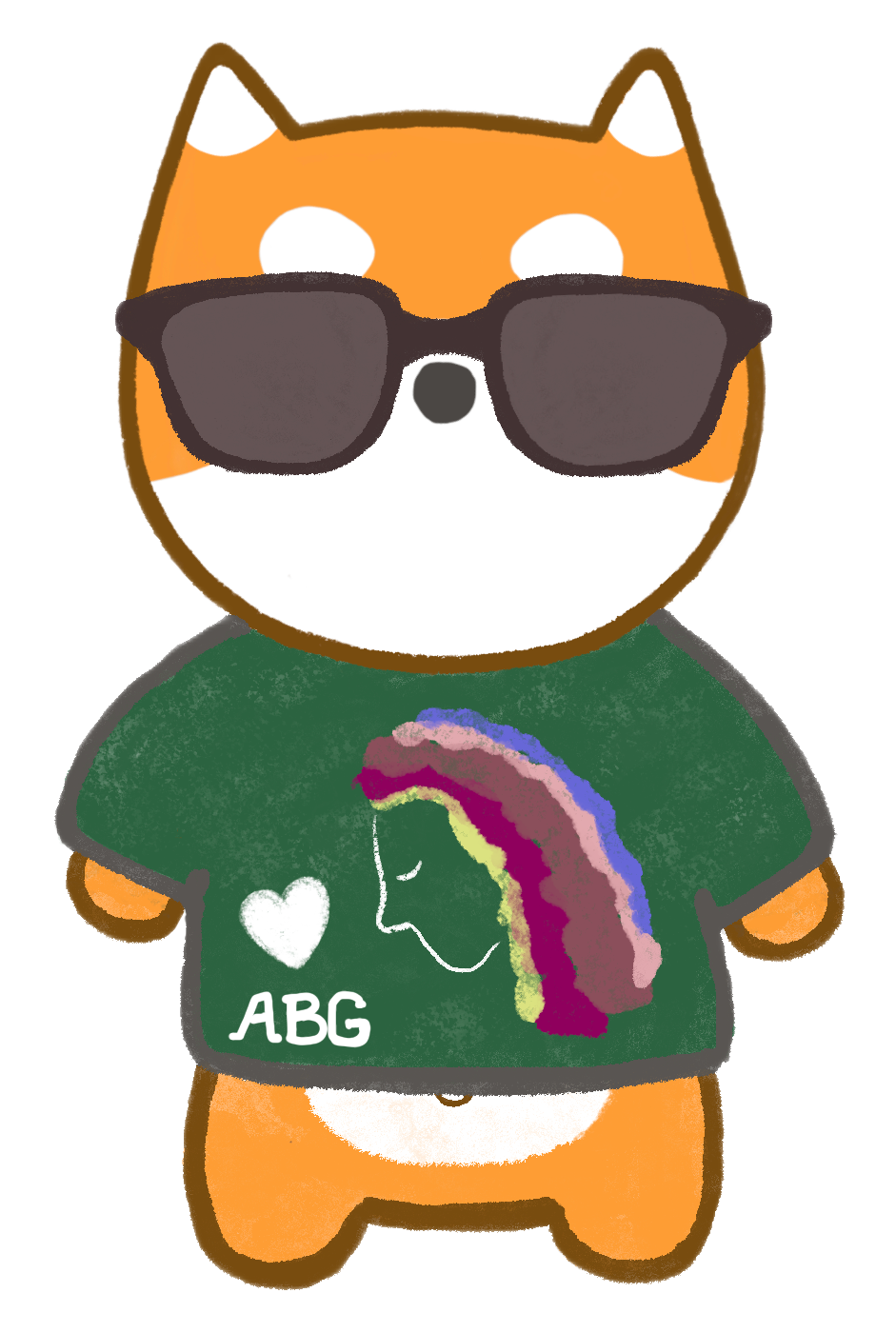 Cartoon Shiba Inu dog wearing sunglasses and a green T-shirt with a rainbow-colored unicorn and the text 'I ❤️ ABG'.