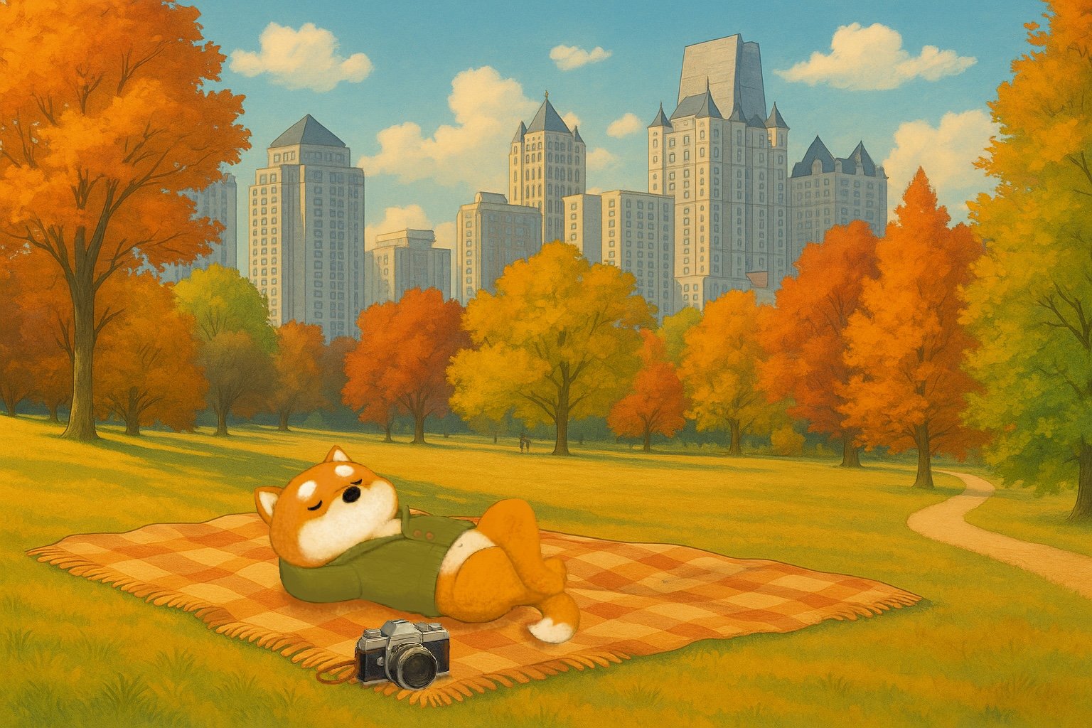 A cartoon fox sleeping on a blanket in a park during autumn with colorful trees and a city skyline in the background, and a camera placed beside the fox.