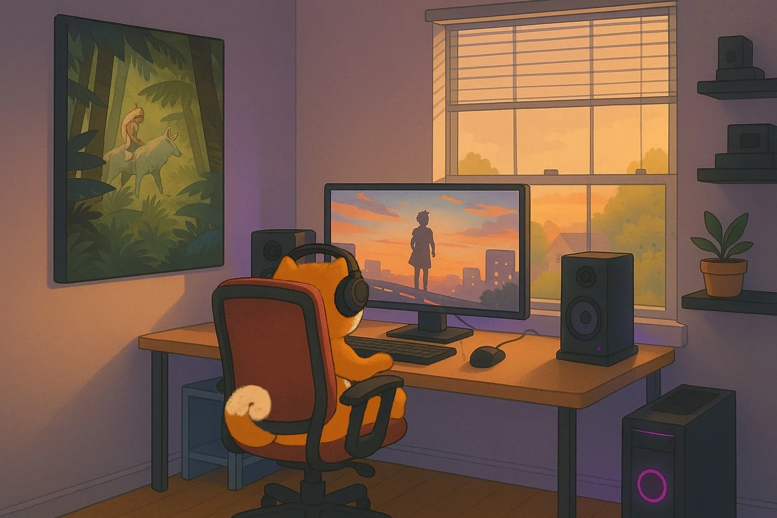 A cozy home office with a cat wearing headphones sitting at a desk, looking at a computer monitor showing a silhouette of a person against a sunset. The room has a large window with blinds, a potted plant, a stereo speaker, and framed artwork on the wall.