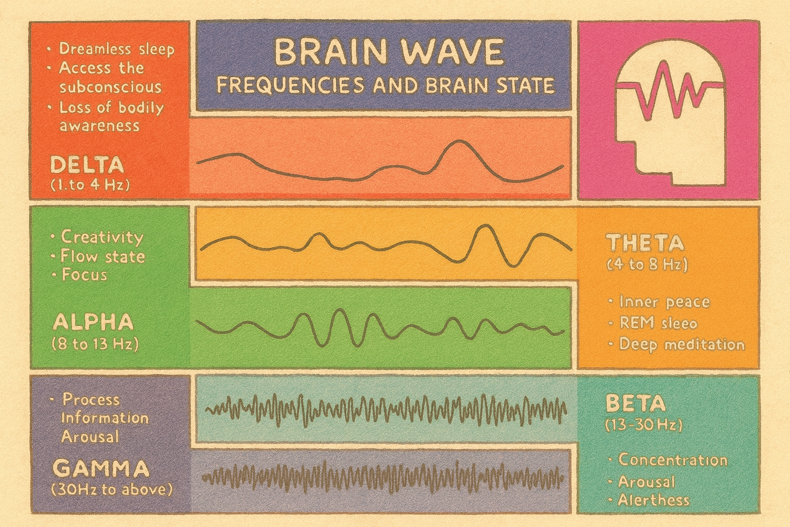 An infographic showing different brain wave frequencies and associated states: Delta (1-4 Hz) for sleep and subconscious access, Theta (4-8 Hz) for inner peace and meditation, Alpha (8-13 Hz) for creativity and focus, Beta (13-30 Hz) for concentration, arousal, alertness, with corresponding brain wave patterns, along with Gamma waves (above 30 Hz) for processing and alertness.