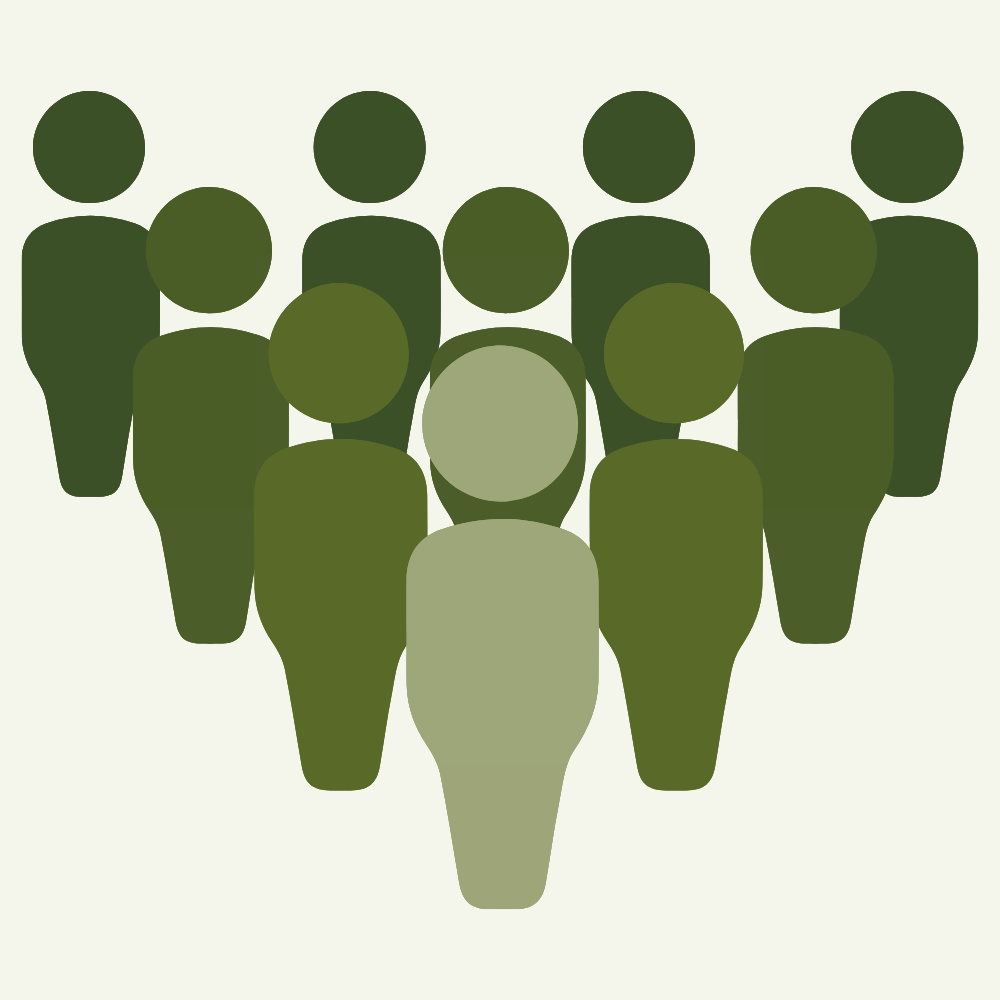 Simplified digital illustration of multiple abstract human figures arranged in a V-shape, mostly in dark green, with two figures in lighter green at the front.