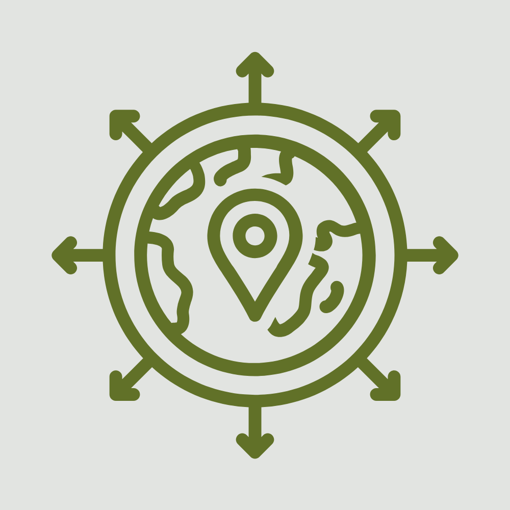 A green outline of a globe with a location pin in the center, surrounded by a compass rose with eight arrows pointing in all directions.