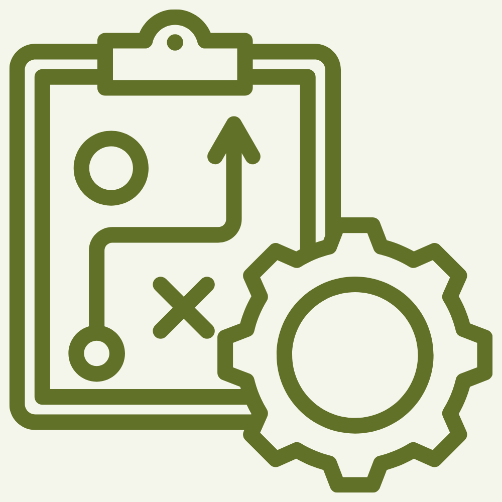 Outline of a clipboard with a strategic plans diagram and a gear, symbolizing process planning or strategy development.