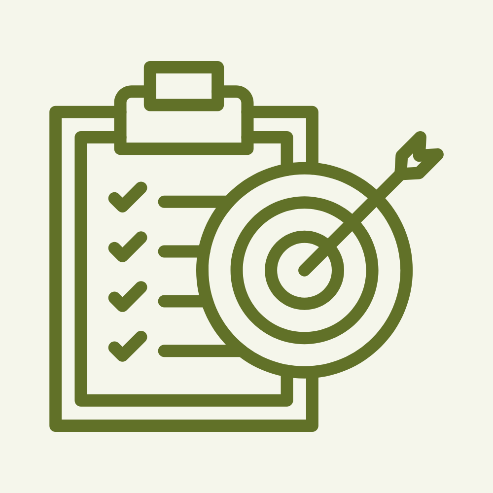 Line art of a clipboard with checked list items and a target with an arrow in the bullseye, symbolizing goal setting and achievement.