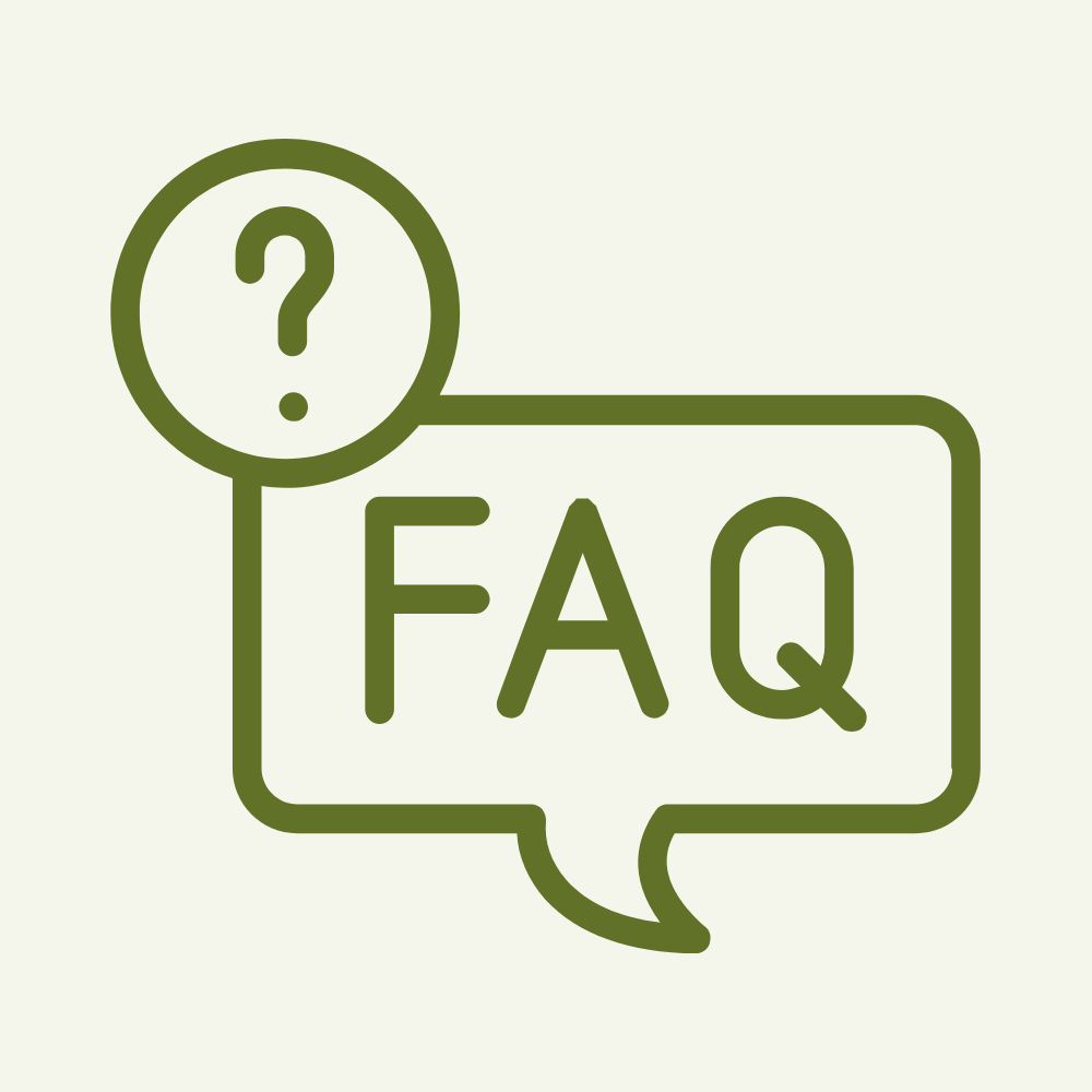 Green FAQ icon with a speech bubble and a magnifying glass with a question mark inside.