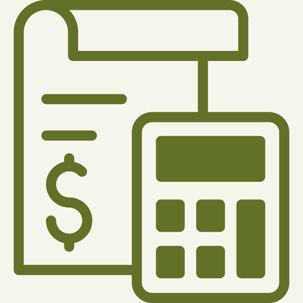 Icon of a bill, calculator, and dollar sign, representing financial calculations or bill payment.