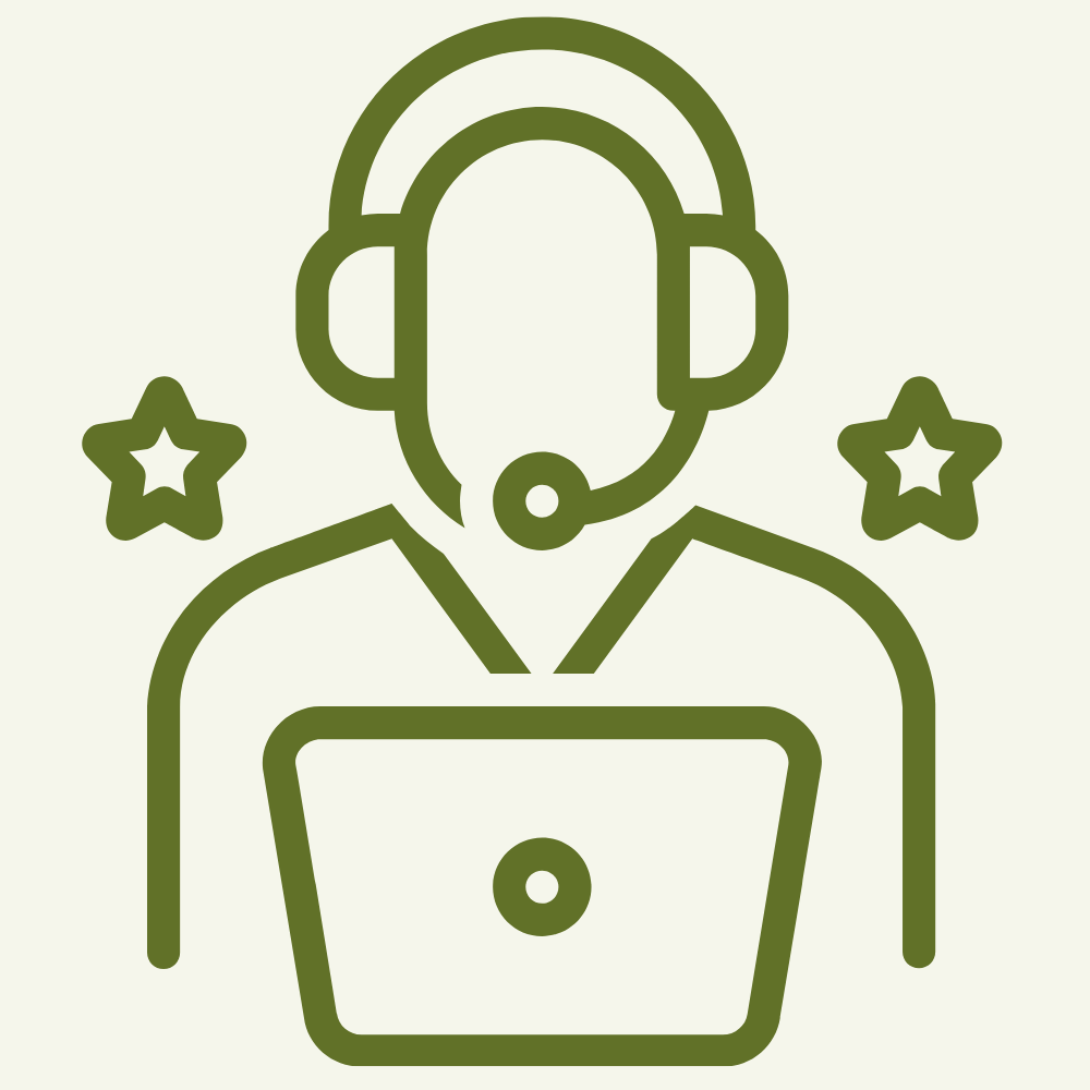 Outline of a person wearing a headset with a microphone, in front of a laptop, with two stars around their head, indicating a customer service or support representative