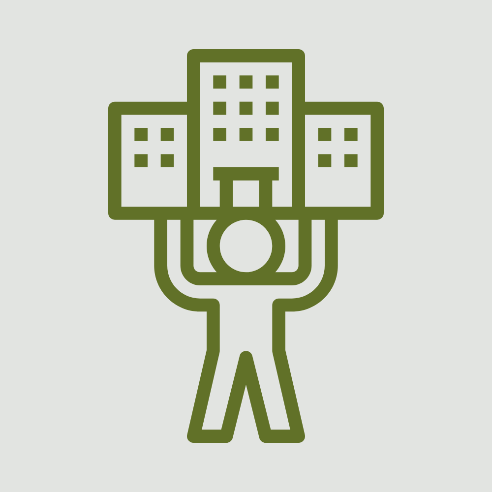 Illustration of a person holding a flag with images of buildings on it.