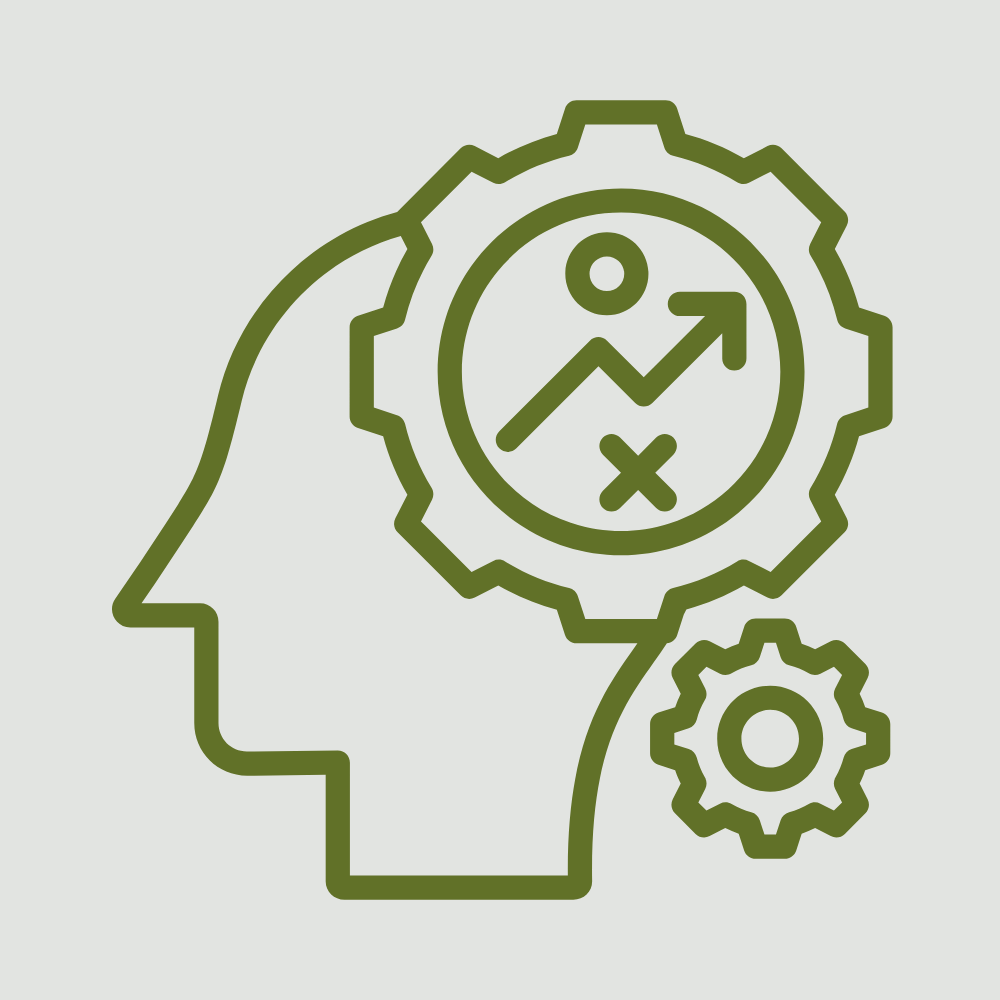 Outline of a human head with gears and a diagram of a strategy or planning chart inside the head, symbolizing thinking and strategic planning.