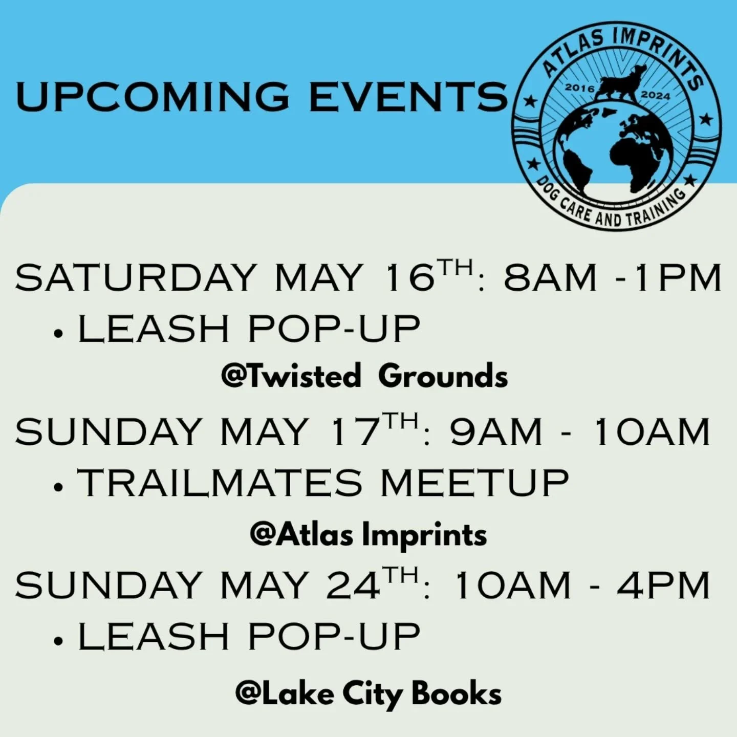 We are excited for these upcoming events in May! 

Make sure you stop by @twistedgrounds and @lakecity.books and give them some of our community love. 

Hope to see you there. 🐶