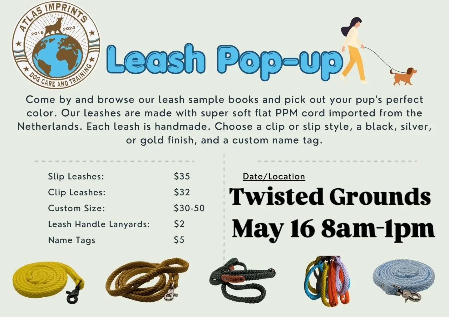 Reminder that we will be @twistedgrounds this Saturday!
Come by, say hi, and pick up a handmade accessory for your best friend. 🐶🐴🐱🐮🐷

Make sure to follow us over at @homeandroamleadco to keep up with all the crafty news.