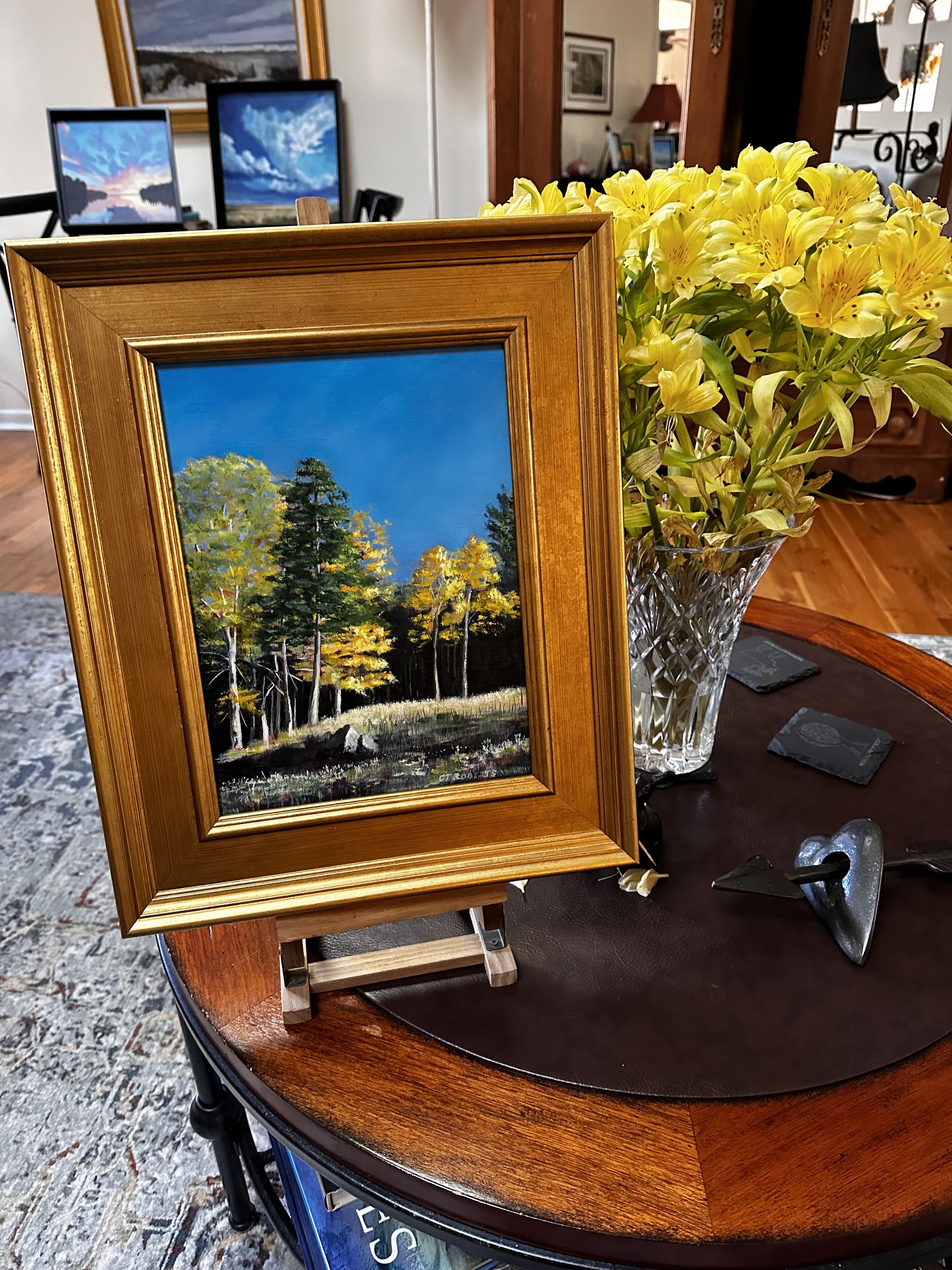 Blue Sky, Mount Washington, fall foliage, landscape painting, autumn colors, vibrant art, Charlie Roberts art