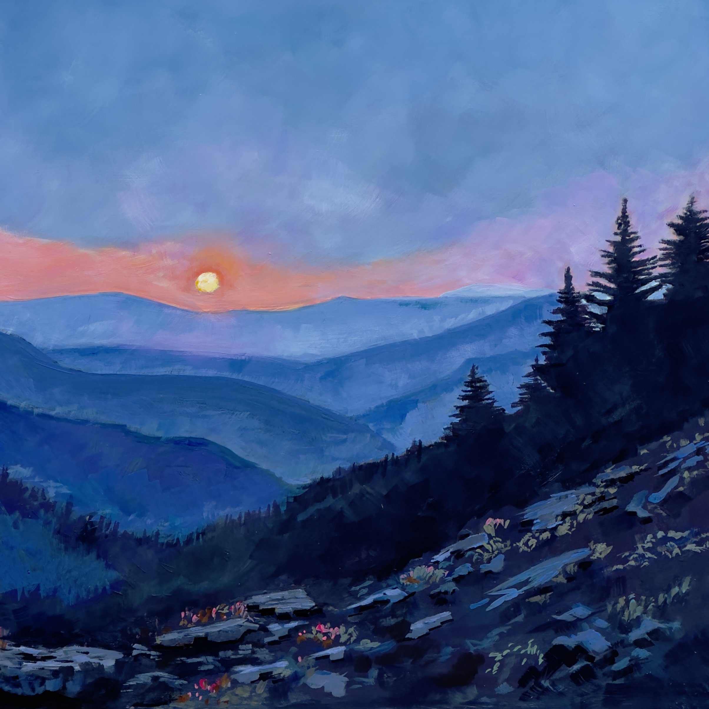 Painting of an Appalachian sunset featuring vibrant hues of orange, pink, and purple casting a warm glow over rolling mountains.