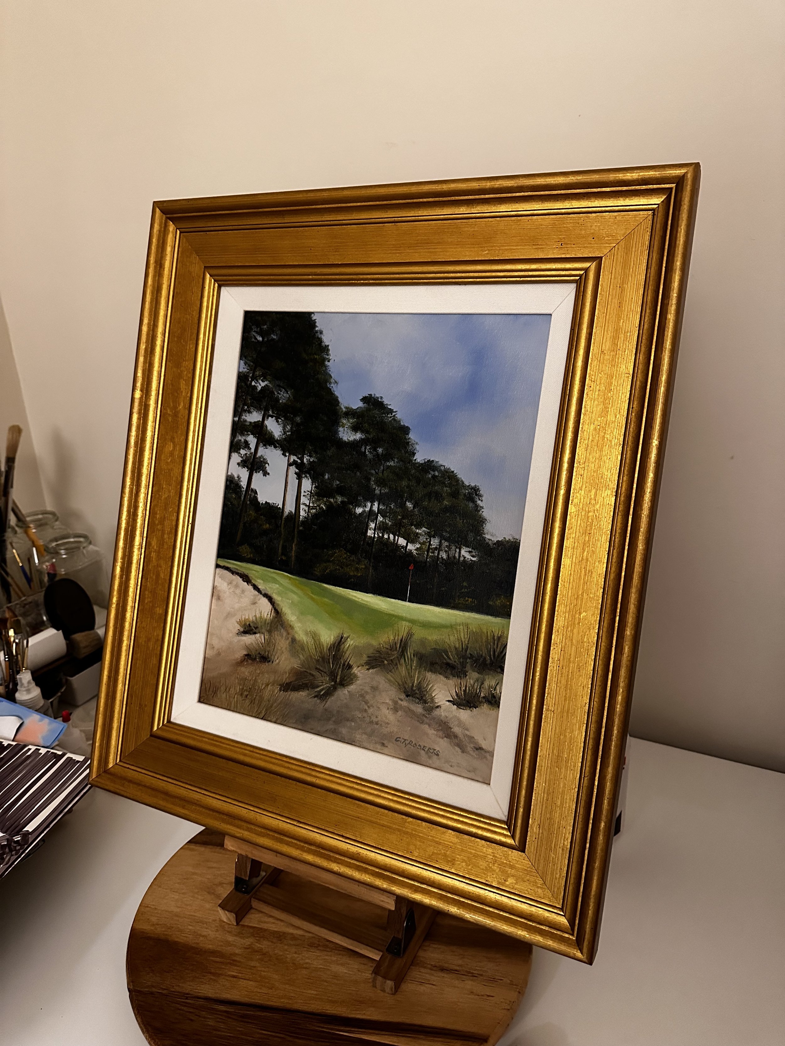 Painting of a sand trap at Mid Pines Golf Course in Southern Pines, North Carolina, showcasing the course's natural beauty