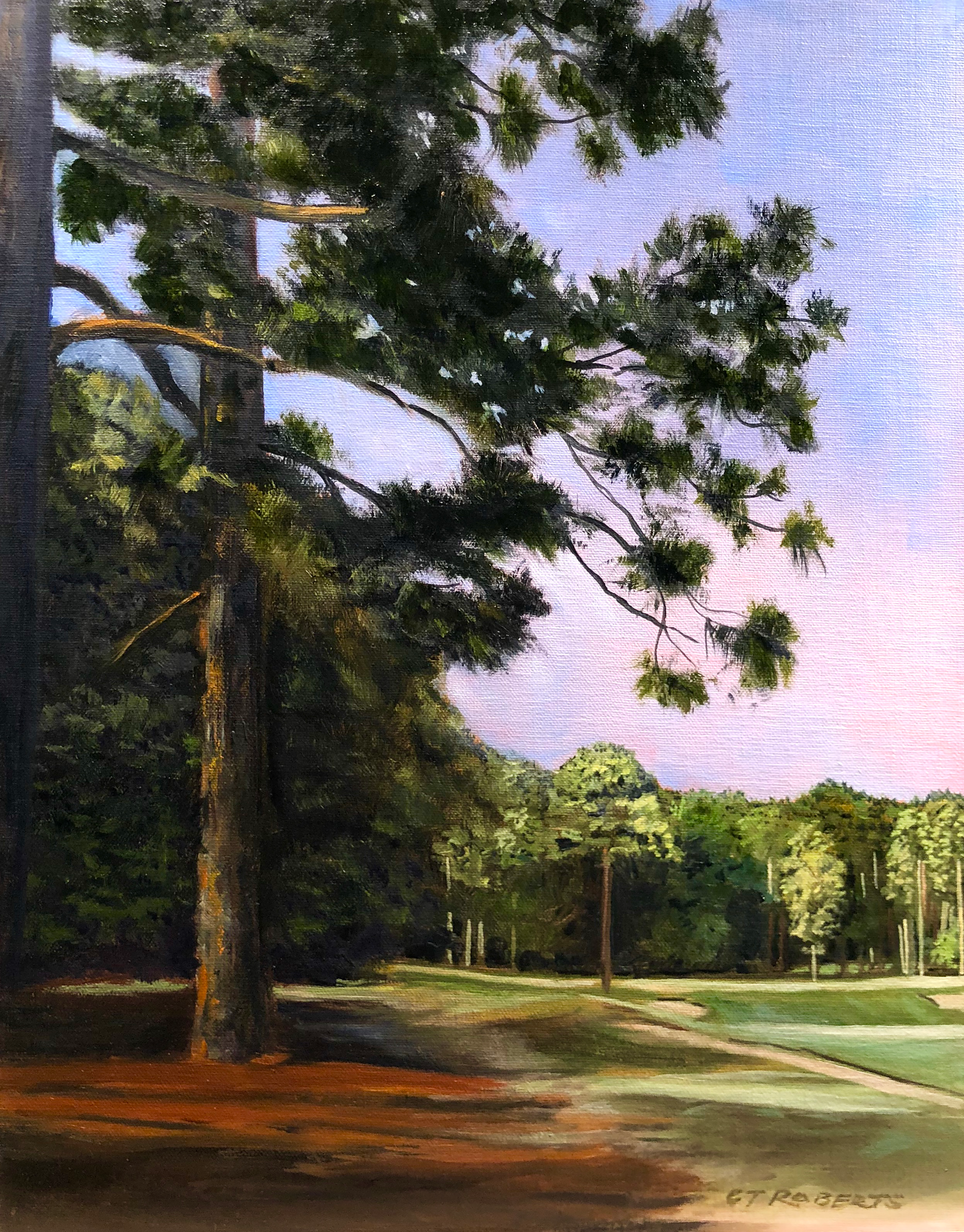 A landscape painting of a large tree with green leaves, a grassy area, and distant trees under a pastel-colored sky.