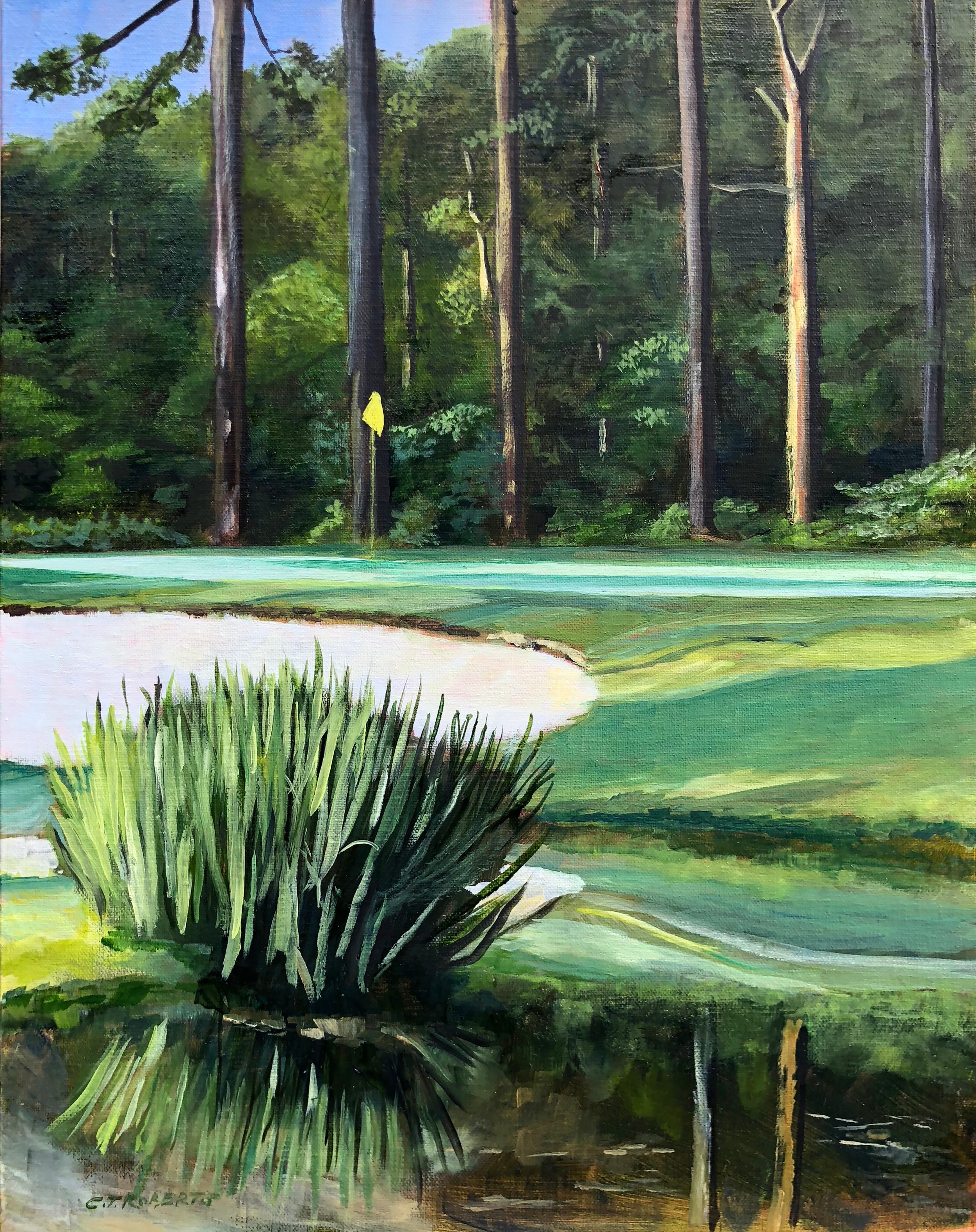 Early Morning Round, original painting of a Sandhills golf green framed by tall pines.
