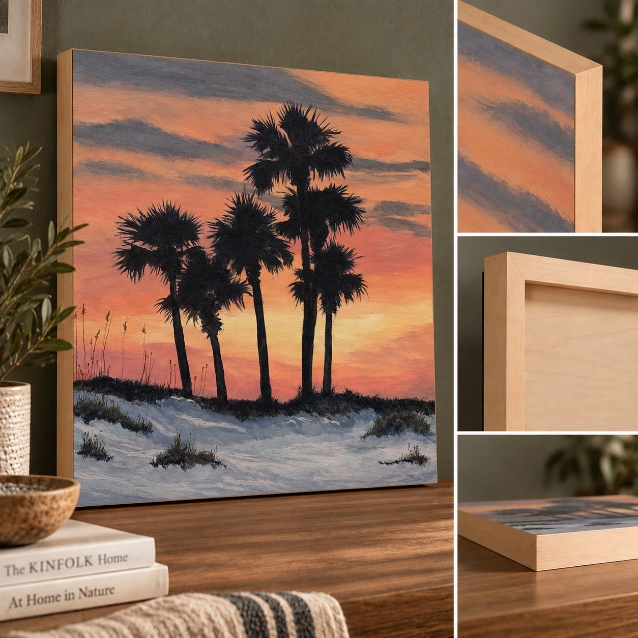 Four views of the Two Palms ready-to-hang print, showing the full finished print and its panel edge, depth, and back.