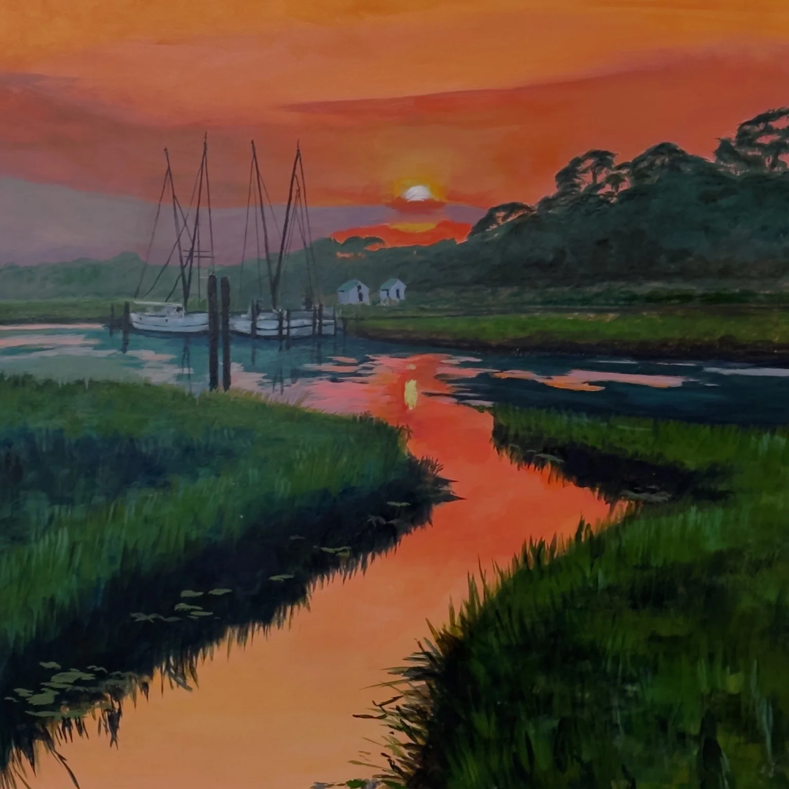Gone With The Tide, sunset over a Lowcountry marsh and boats, original painting by Charlie Roberts