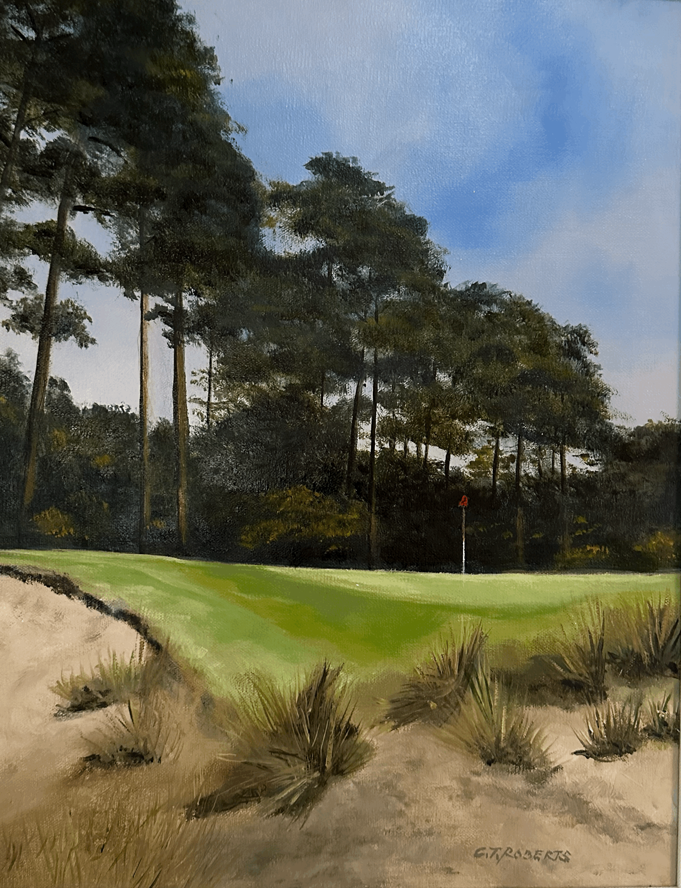 Artistic depiction of a sand trap at Mid Pines Golf Course in Southern Pines, NC. This painting captures the essence of the course's landscape, highlighting the challenges and beauty of golf.