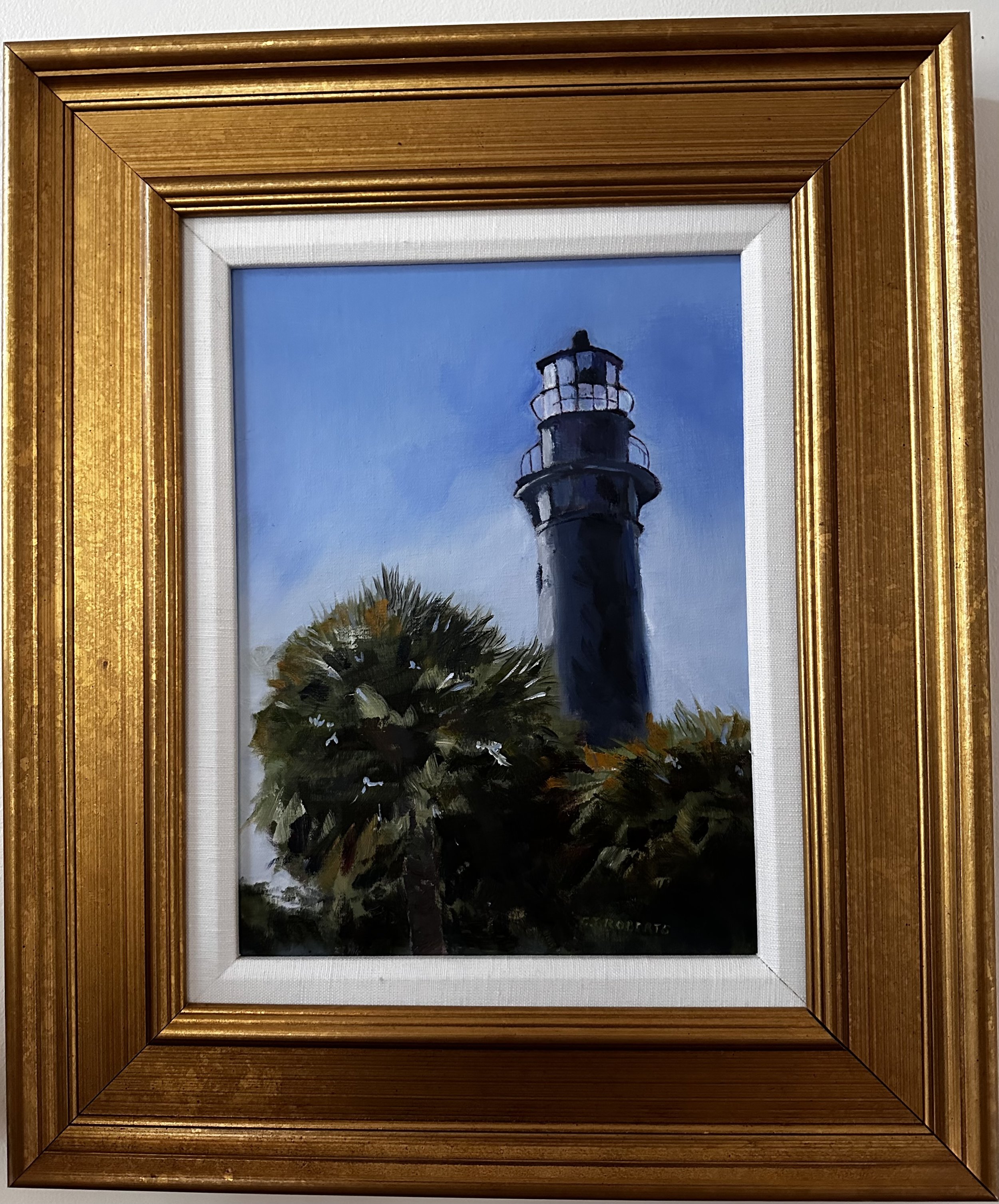 Oil painting of a historic lighthouse on the South Carolina coast, surrounded by palm trees.