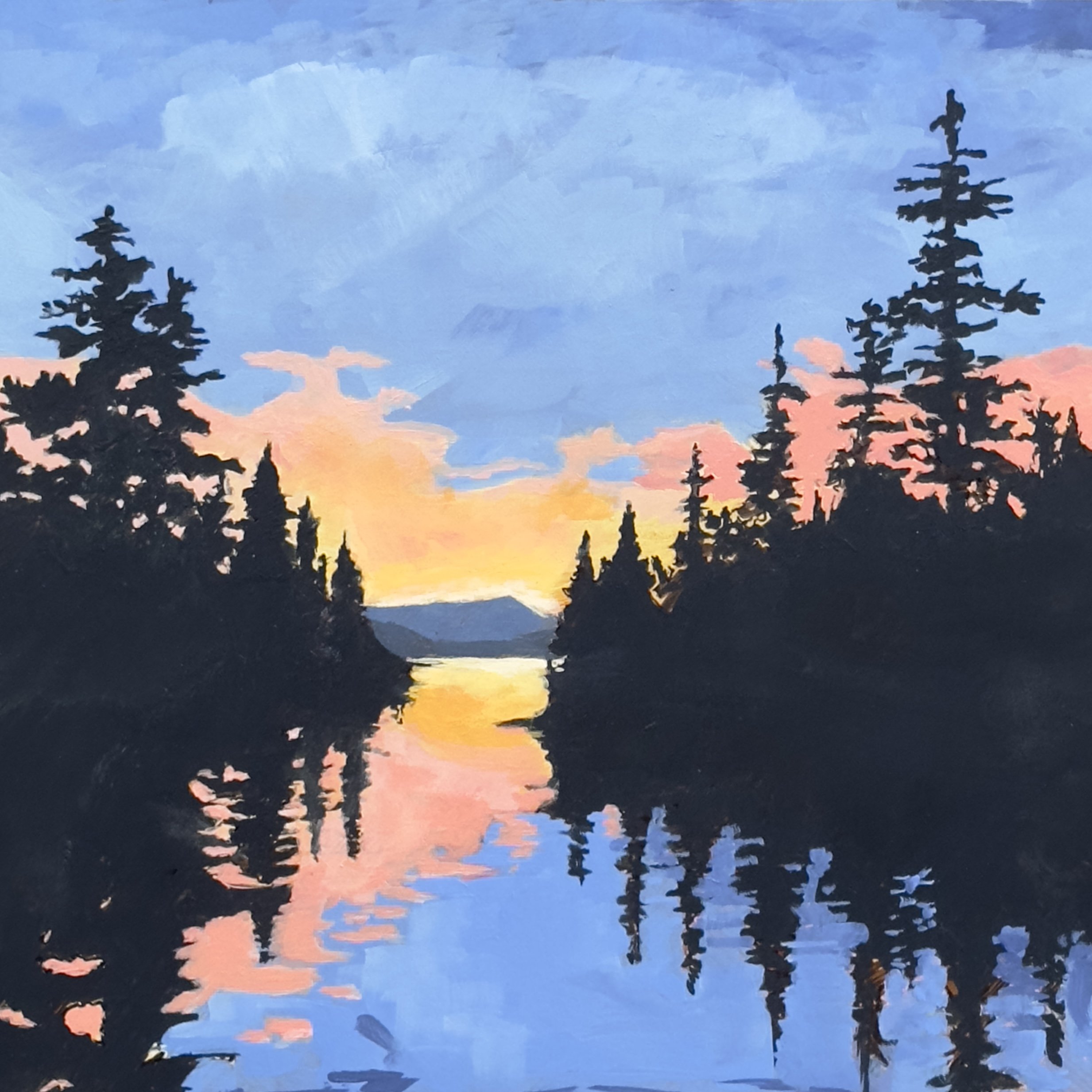 Painting of a vibrant sunset over a tranquil lake, featuring a tangerine-colored sky reflecting warm hues on the water's surface.