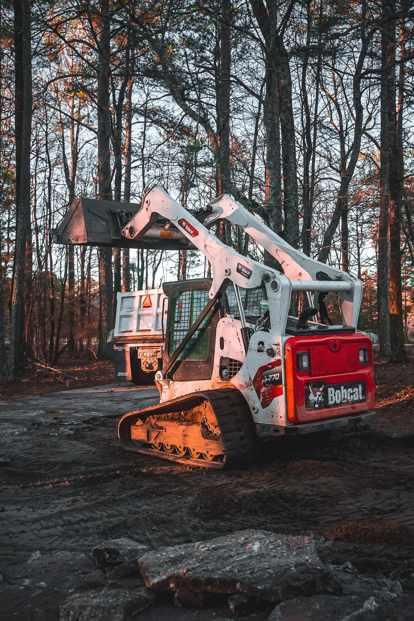 A Bobcat mini excavator with a bucket attachment parked in a wooded area during sunset.