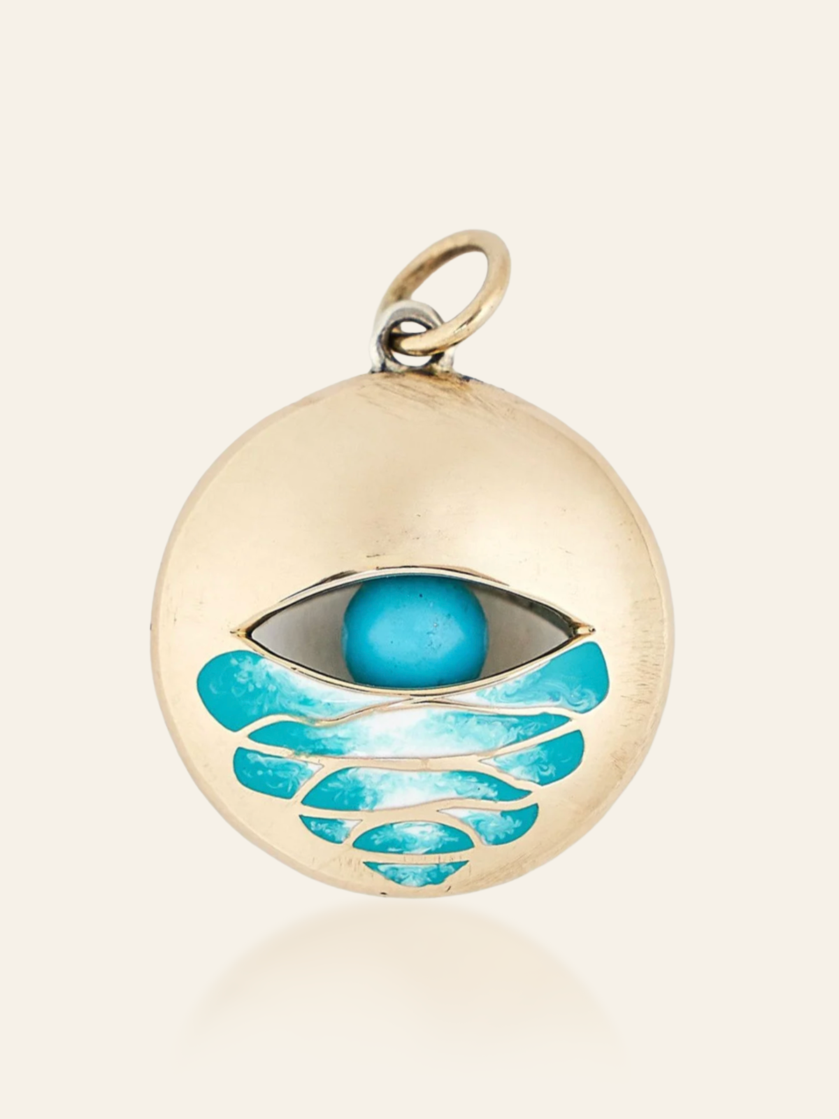 14K Gold Enamel Eye Pendant with Swirl Design and Moving Gemstone